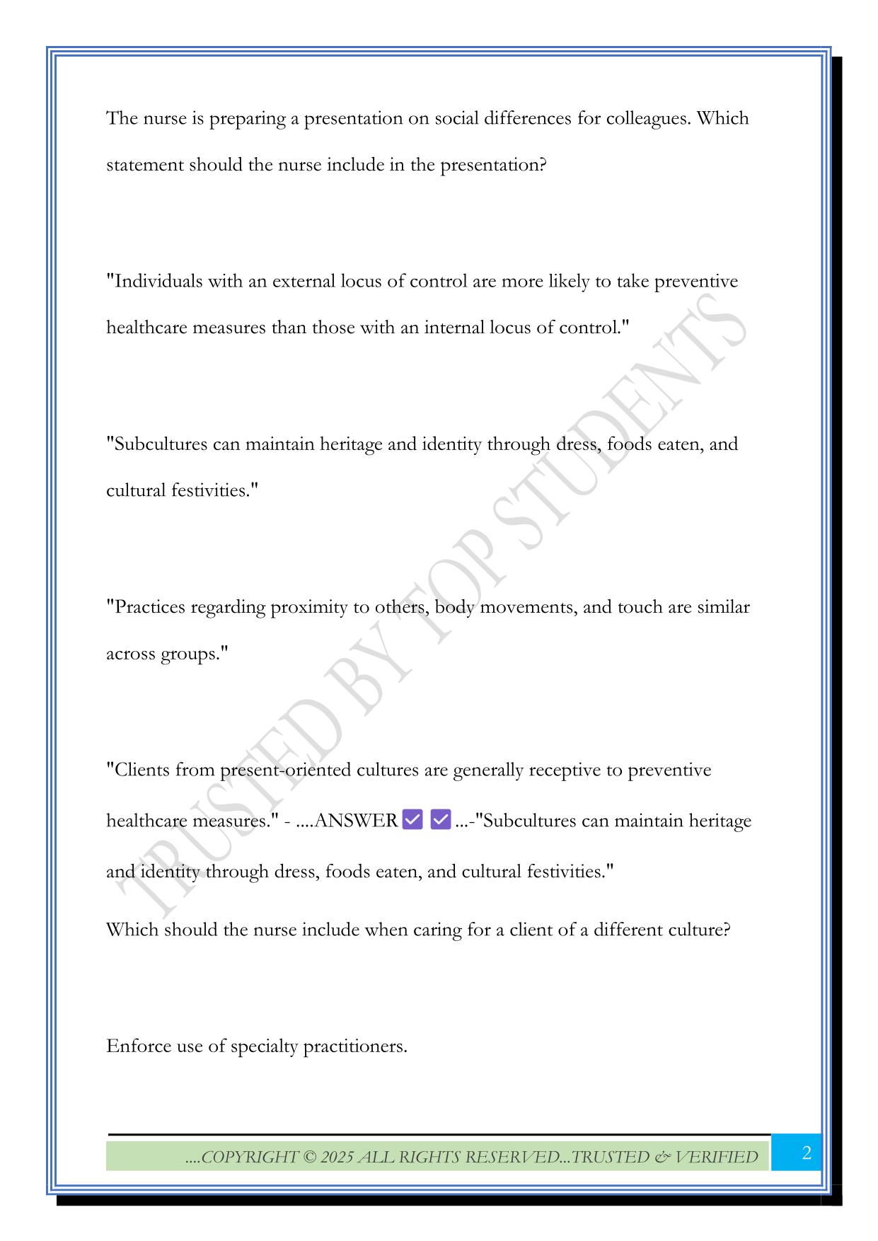 Culture & Diversity NCLEX Questions 2025 with Correct Answers