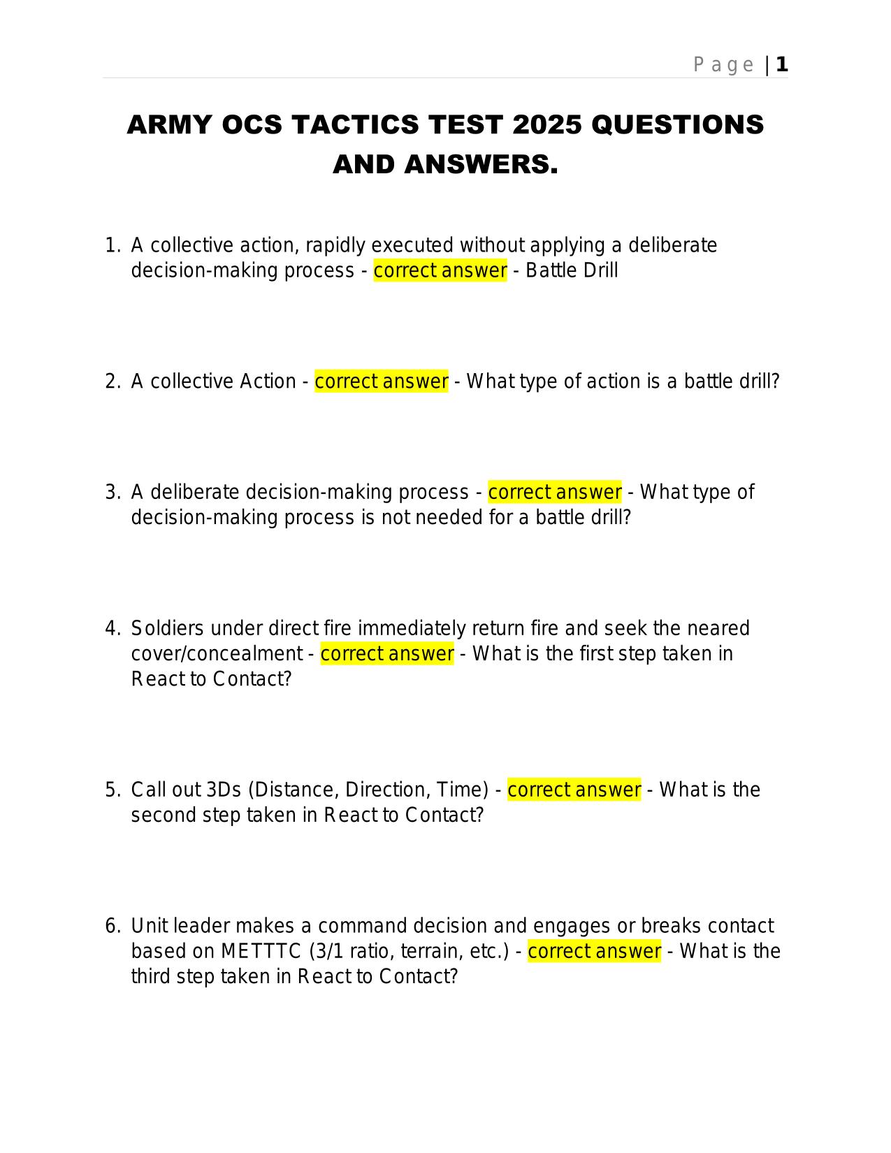 ARMY OCS TACTICS TEST 2025 QUESTIONS AND ANSWERS