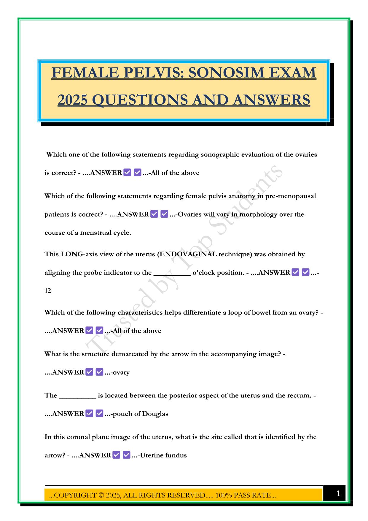 FEMALE PELVIS: SONOSIM EXAM 2025 QUESTIONS AND ANSWERS