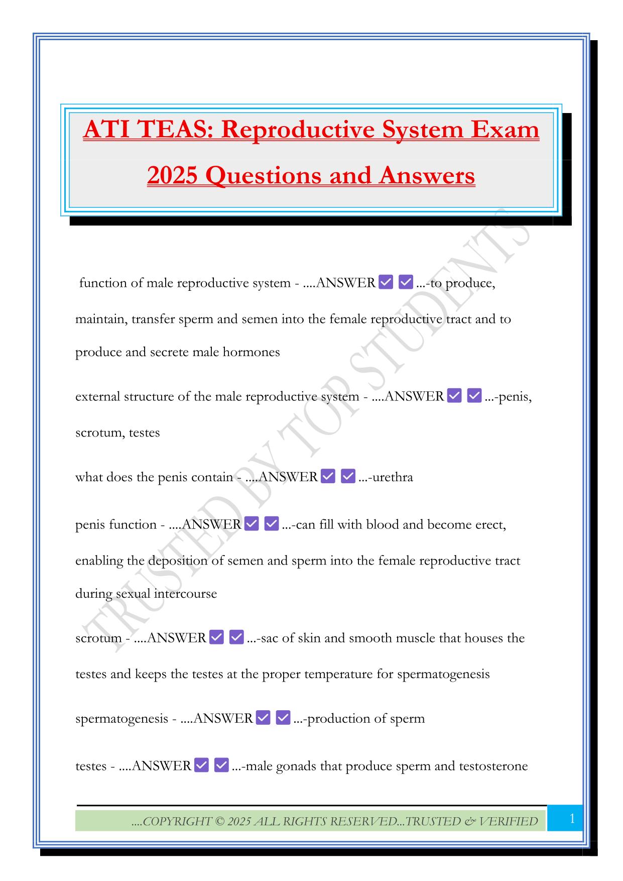 ATI TEAS: Reproductive System Exam 2025 Questions and Answers