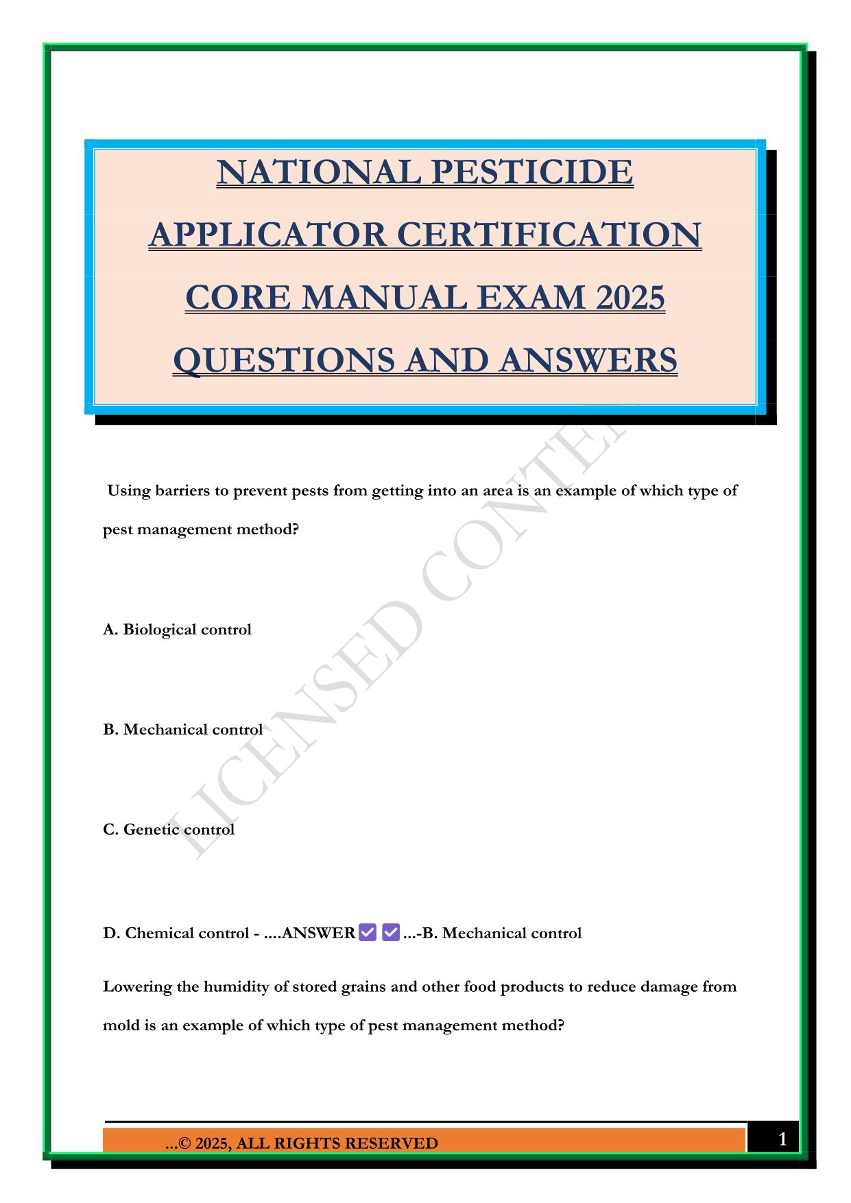 NATIONAL PESTICIDE APPLICATOR CERTIFICATION CORE MANUAL EXAM 2025 QUESTIONS AND ANSWERS