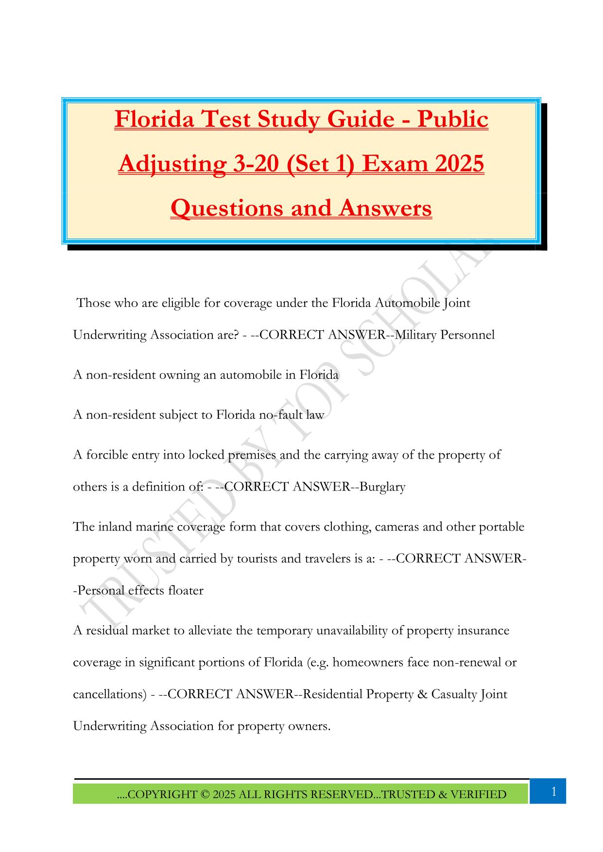Florida Test Study Guide - Public Adjusting 3-20 (Set 1) Exam 2025 Questions and Answers