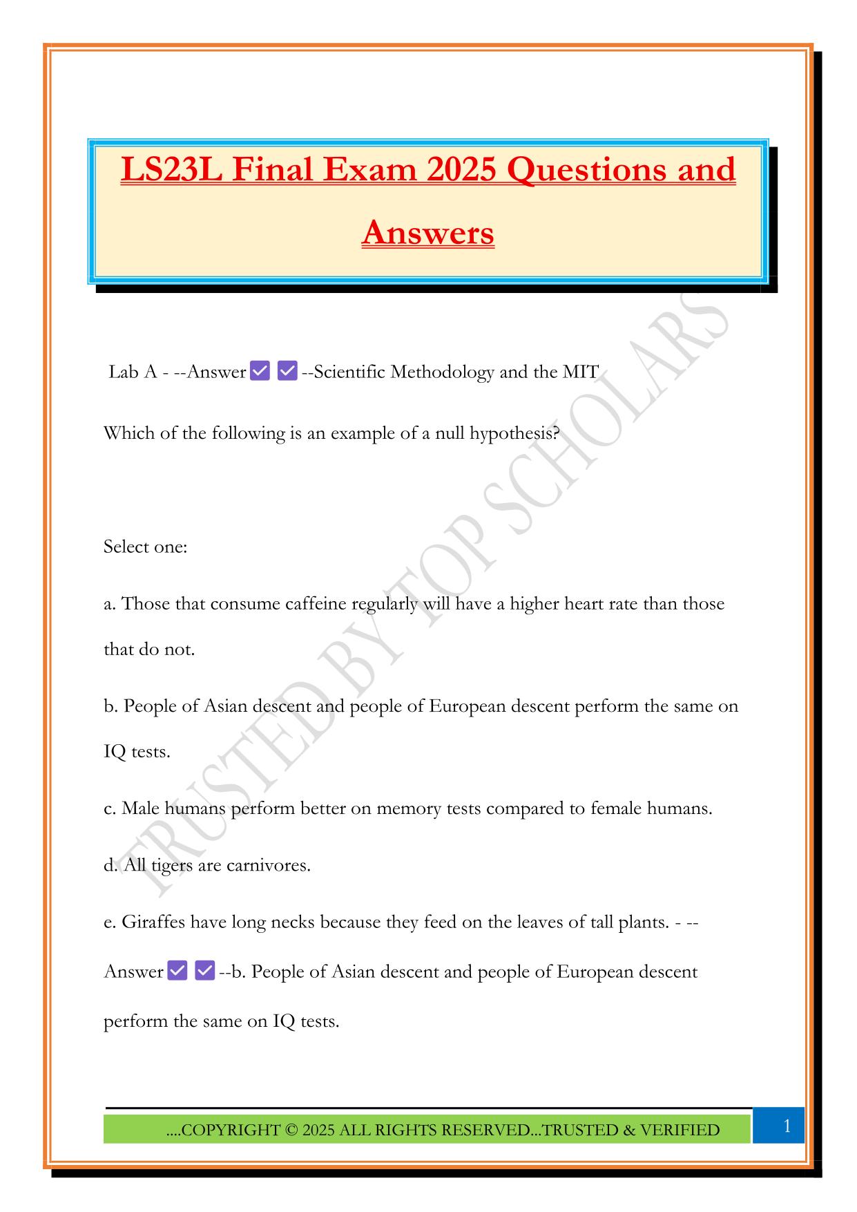 LS23L Final Exam 2025 Questions and Answers