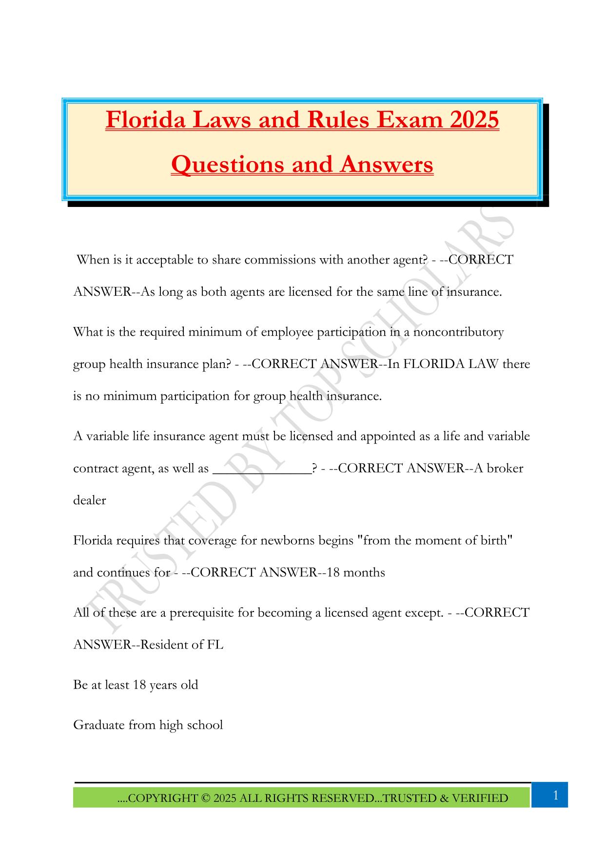 Florida Laws and Rules Fall 2025 Bundled Exams Questions and Answers |100% Pass Updated & Verified