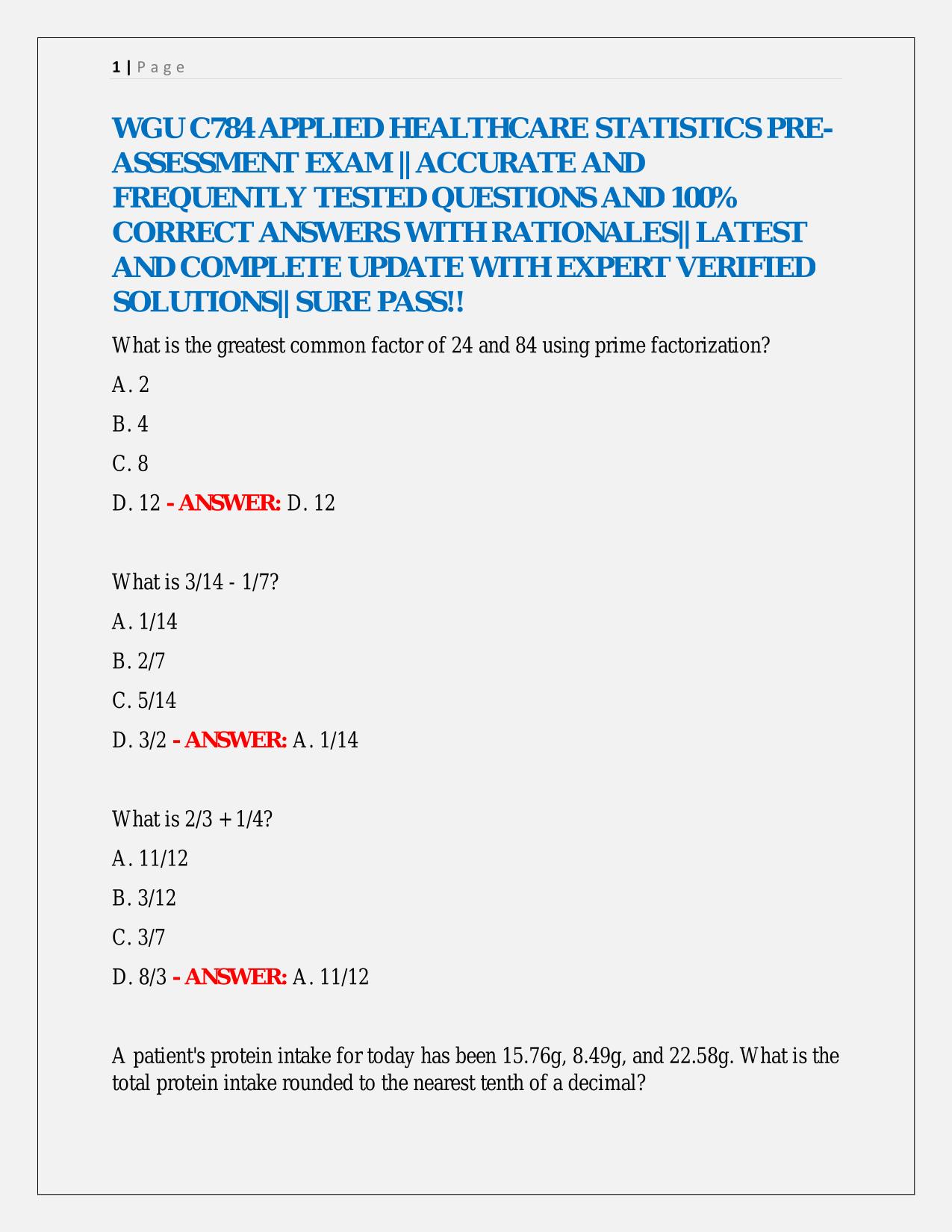 WGU C784 APPLIED HEALTHCARE STATISTICS PRE- ASSESSMENT EXAM || ACCURATE AND FREQUENTLY TESTED QUESTIONS AND 100% CORRECT ANSWERS WITH RATIONALES|| LATEST AND COMPLETE UPDATE WITH EXPERT VERIFIED SOLUTIONS|| SURE PASS!!