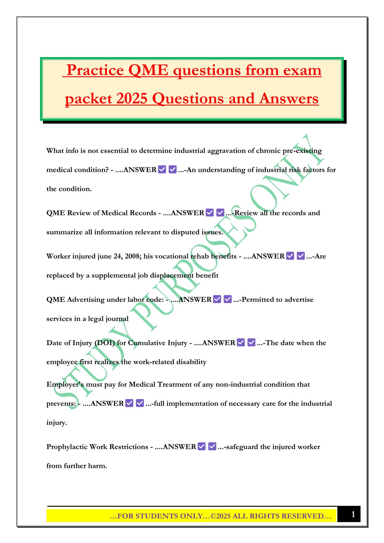 Practice QME questions from exam packet 2025 Questions and Answers