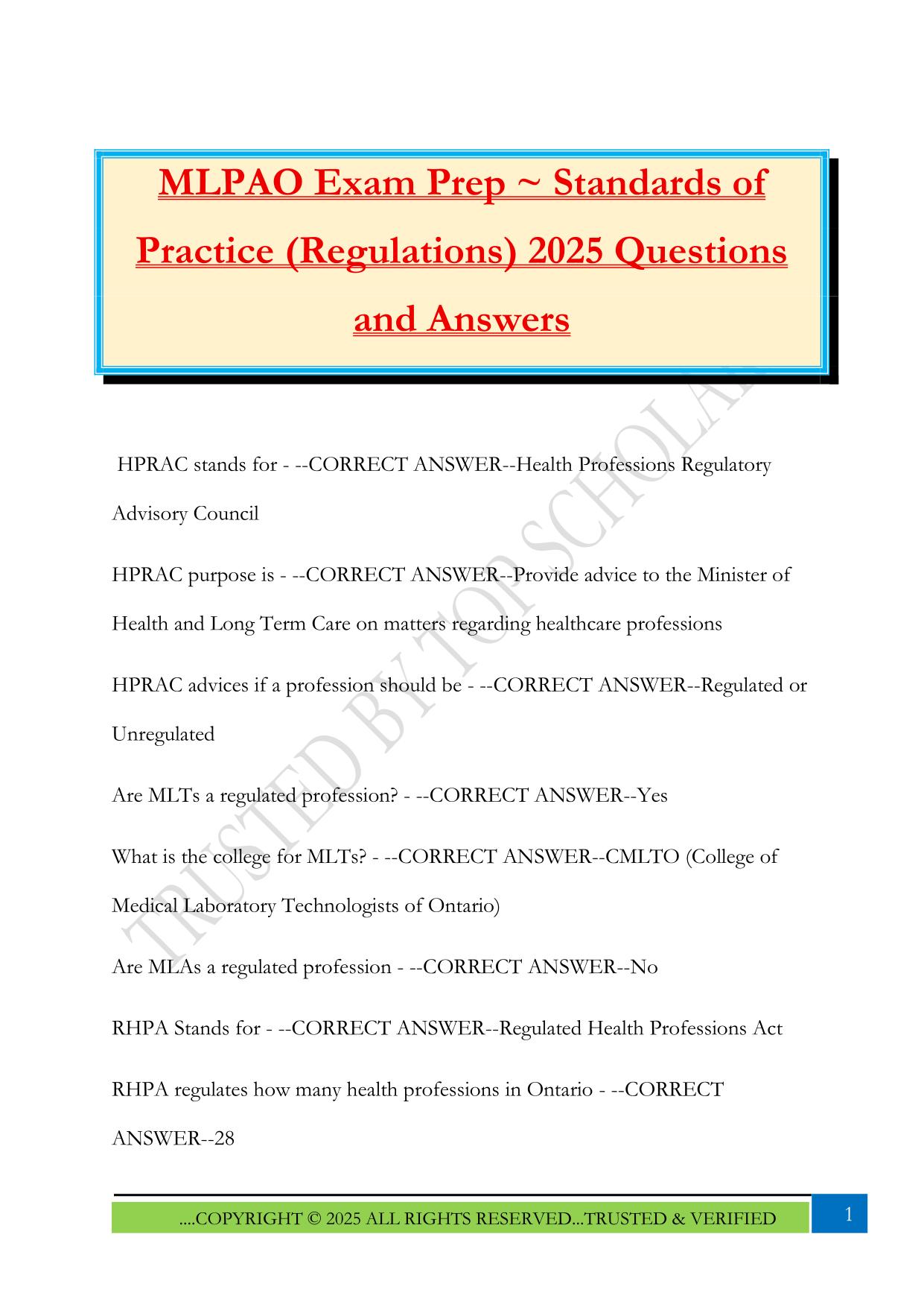MLPAO Exam Prep ~ Standards of Practice (Regulations) 2025 Questions and Answers