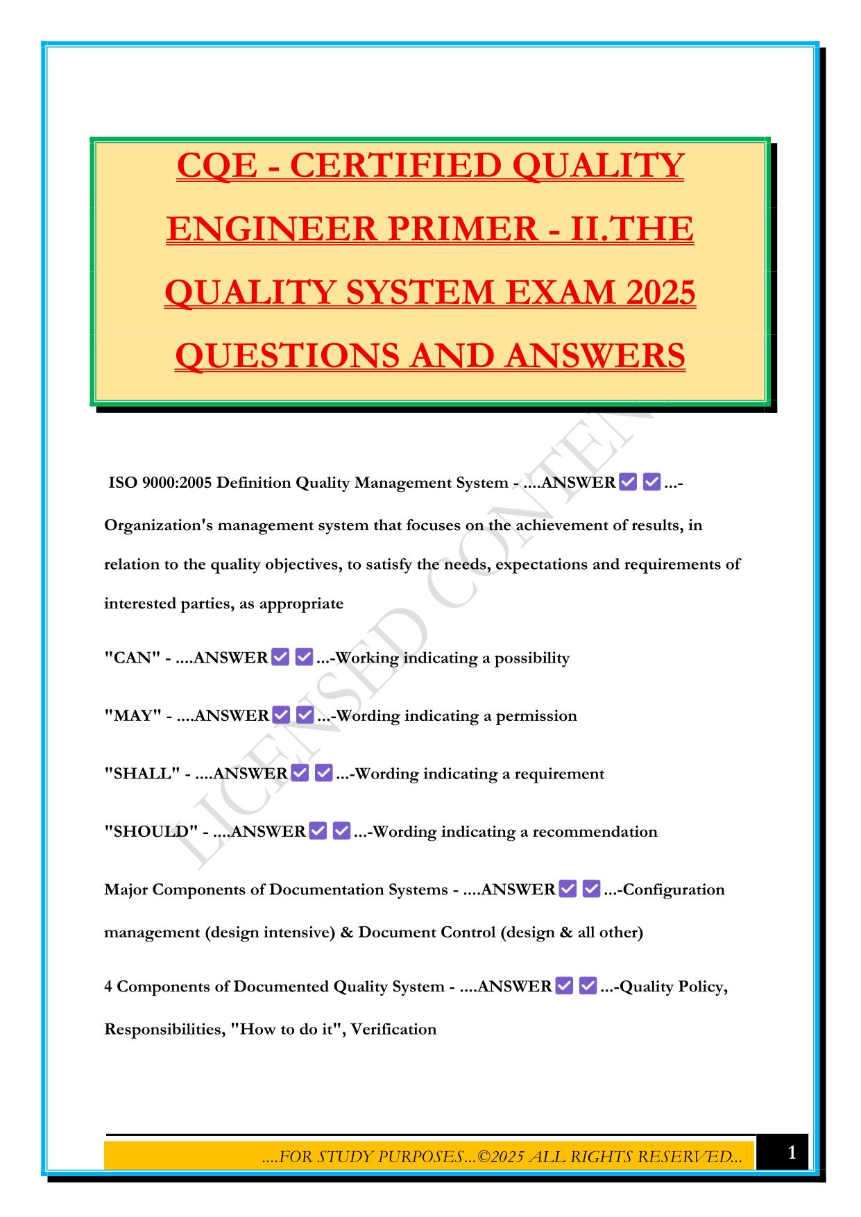 CQE - CERTIFIED QUALITY ENGINEER PRIMER - II.THE QUALITY SYSTEM EXAM 2025 QUESTIONS AND ANSWERS