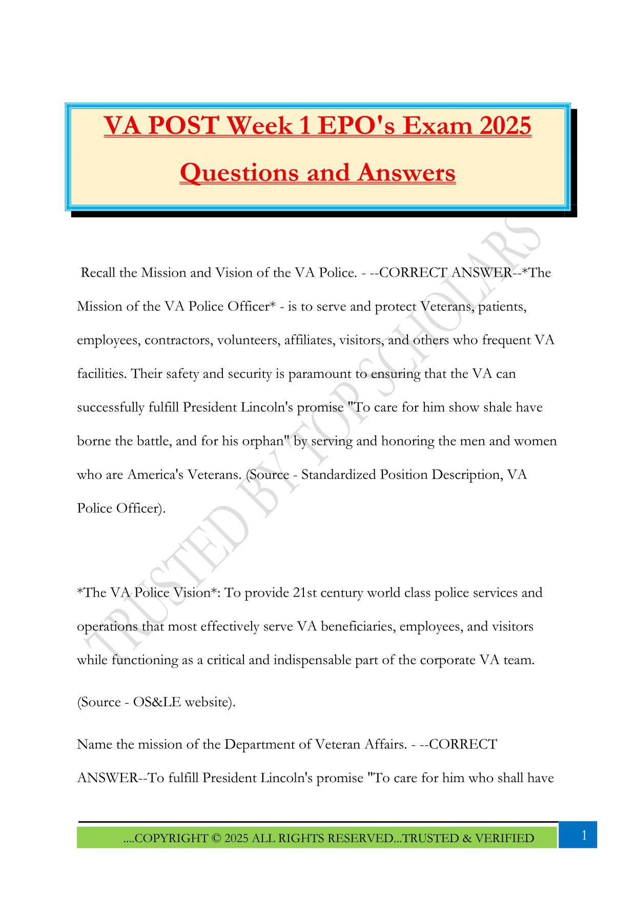 VA POST Week 1 EPO's Exam 2025 Questions and Answers