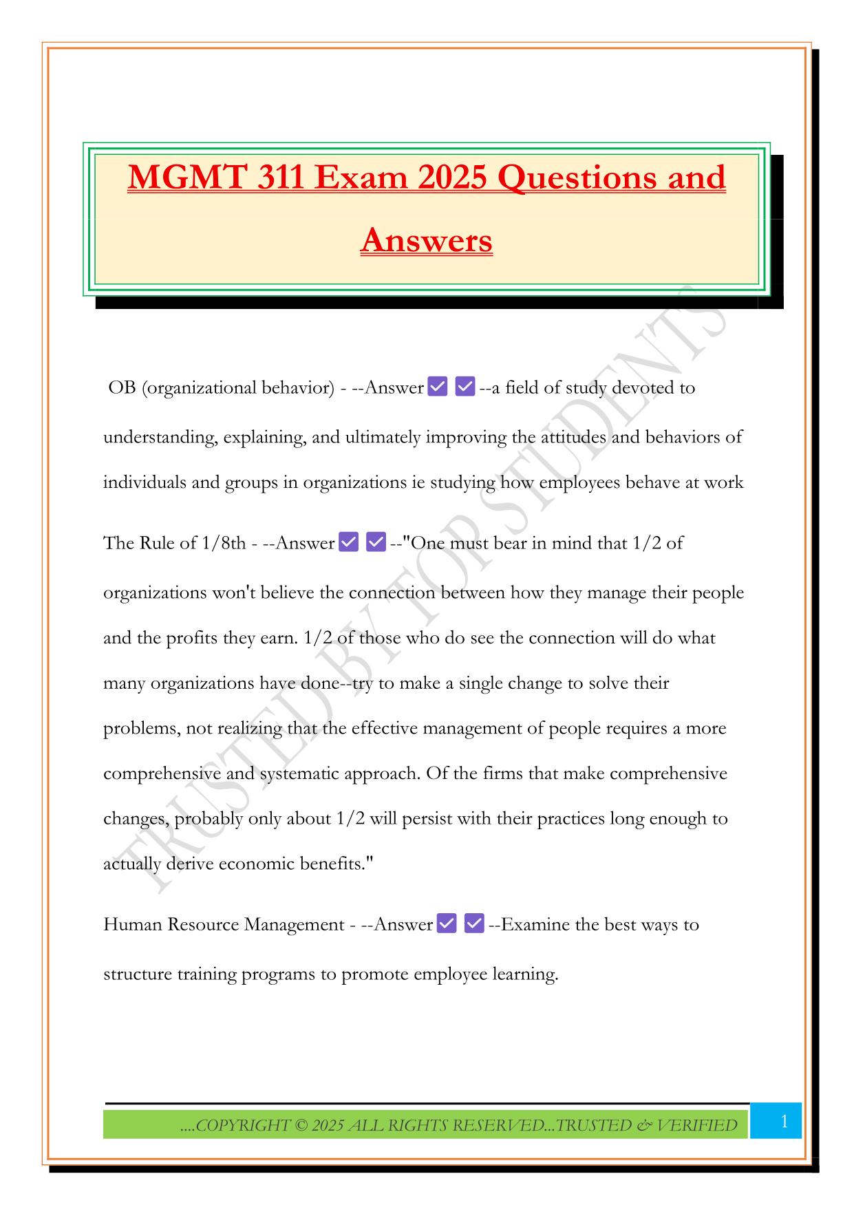 MGMT 311 Exam 2025 Questions and Answers
