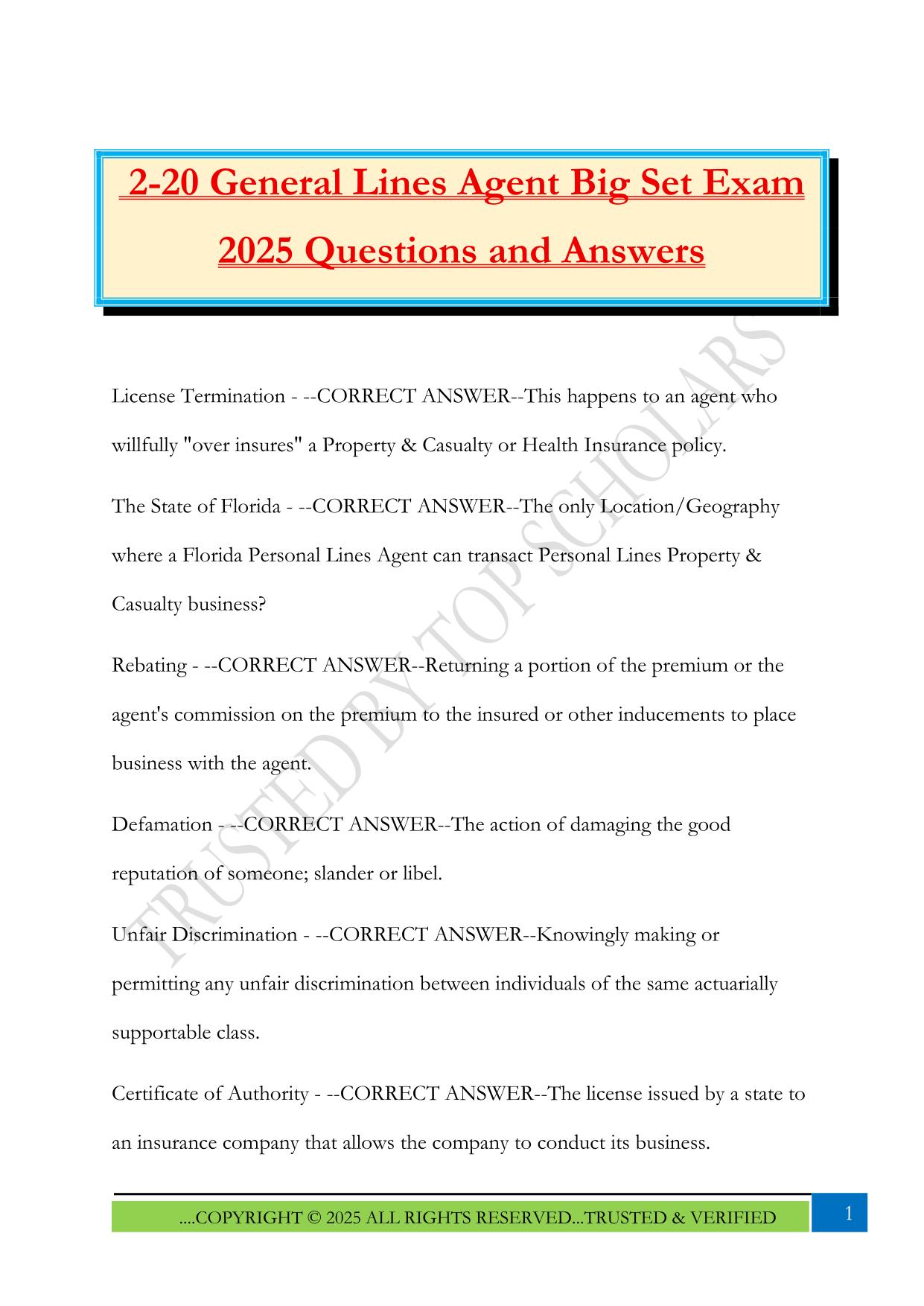 2-20 General Lines Agent Big Set Exam 2025 Questions and Answers