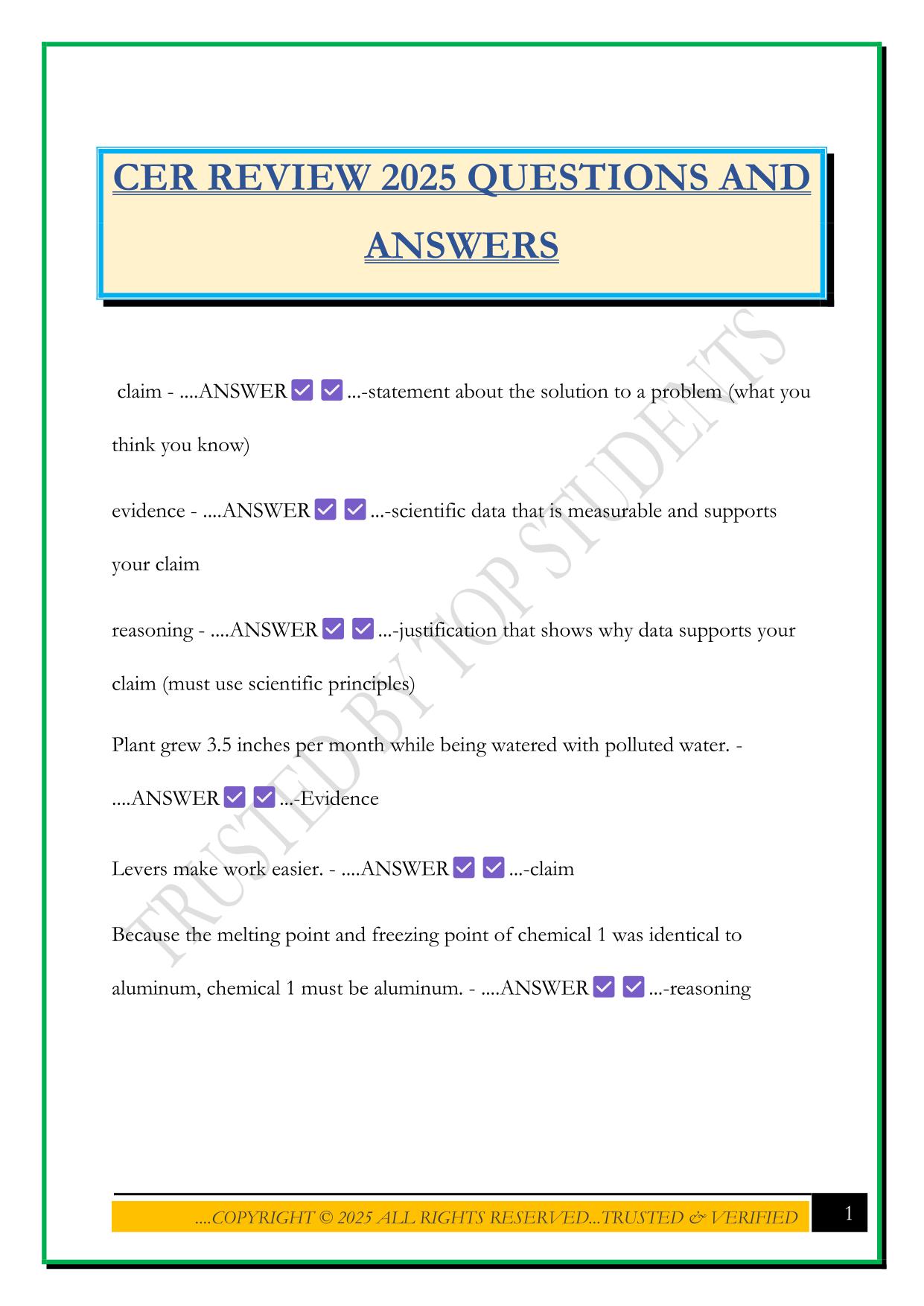 CER REVIEW 2025 QUESTIONS AND ANSWERS