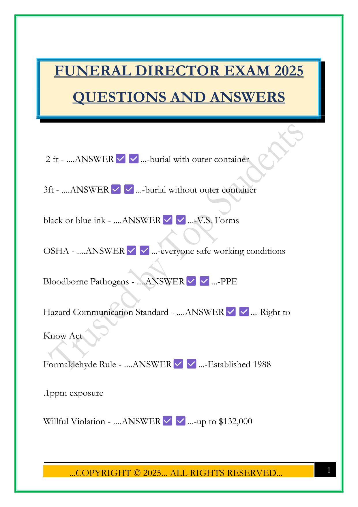 FUNERAL DIRECTOR EXAM 2025 QUESTIONS AND ANSWERS