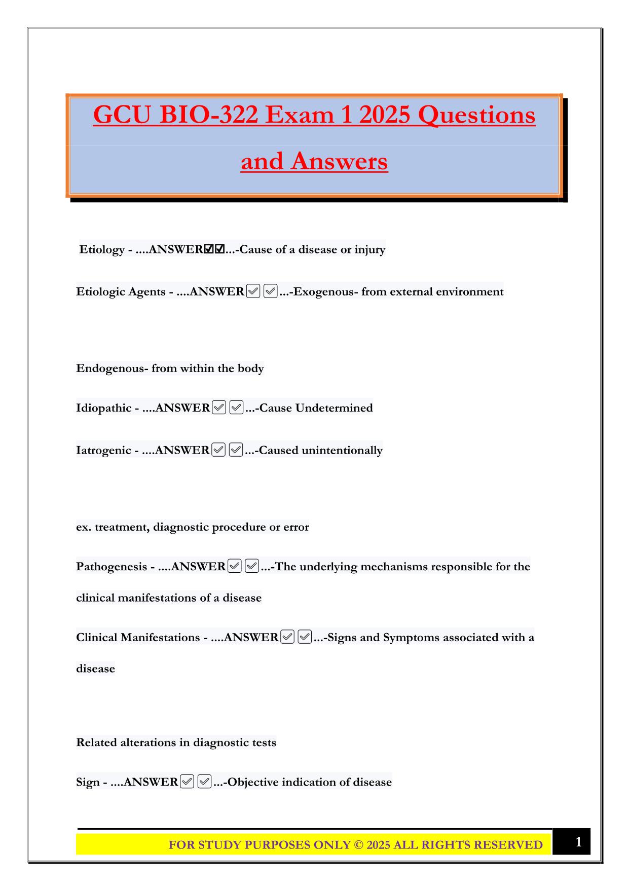 GCU BIO-322 Exam 1 2025 Questions and Answers
