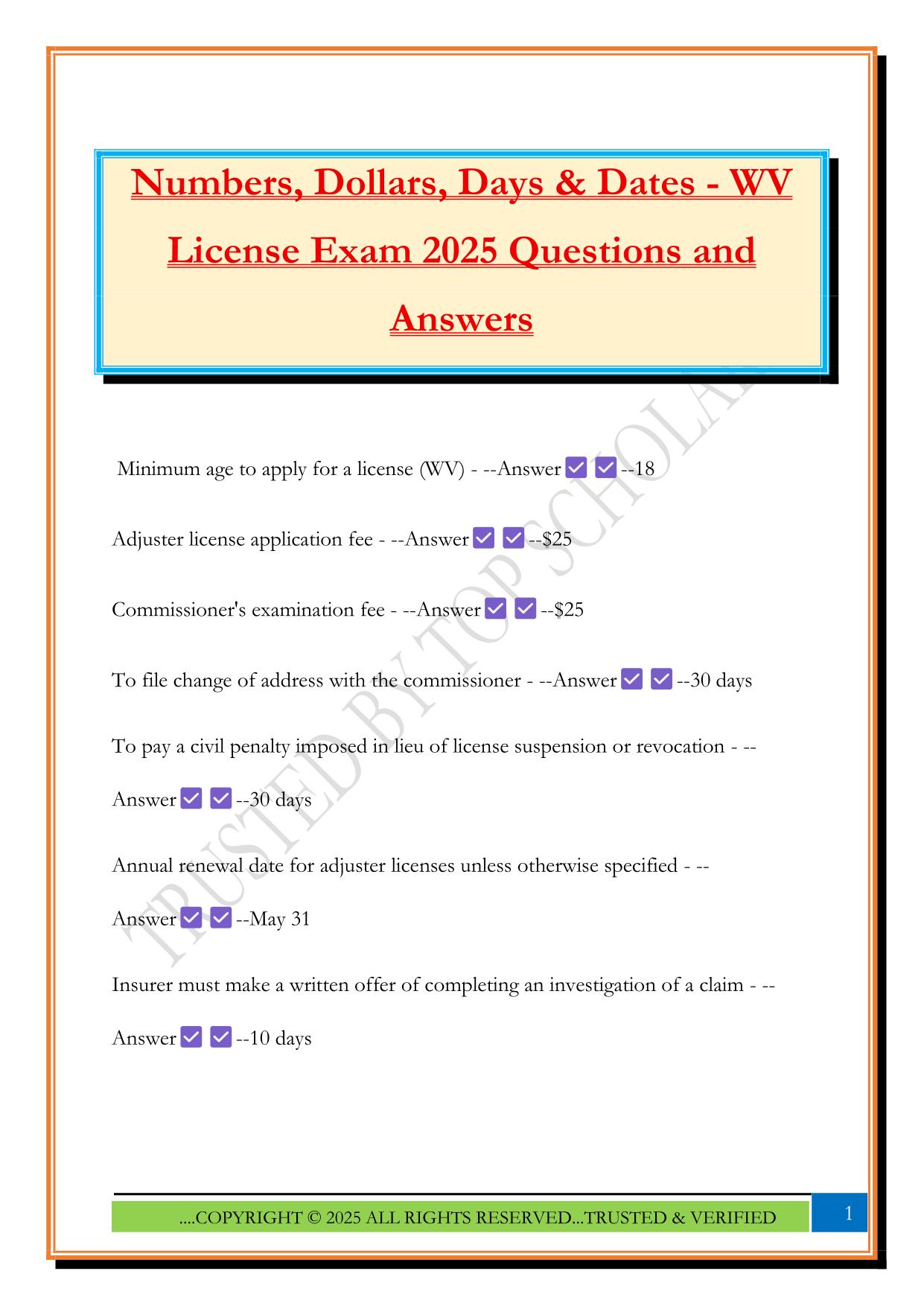 Numbers, Dollars, Days & Dates - WV License Exam 2025 Questions and Answers