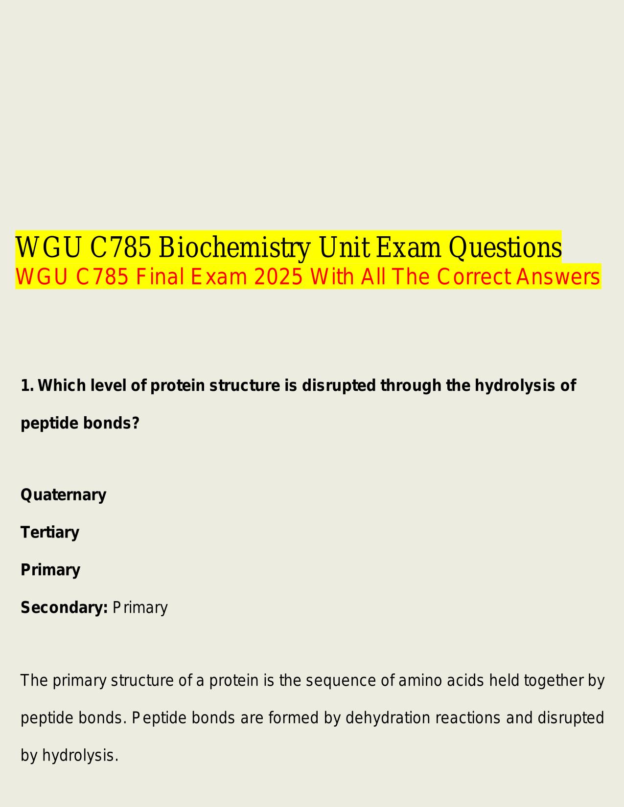 WGU C785 Biochemistry Unit Exam Questions WGU C785 Final Exam 2025 With All The Correct Answers