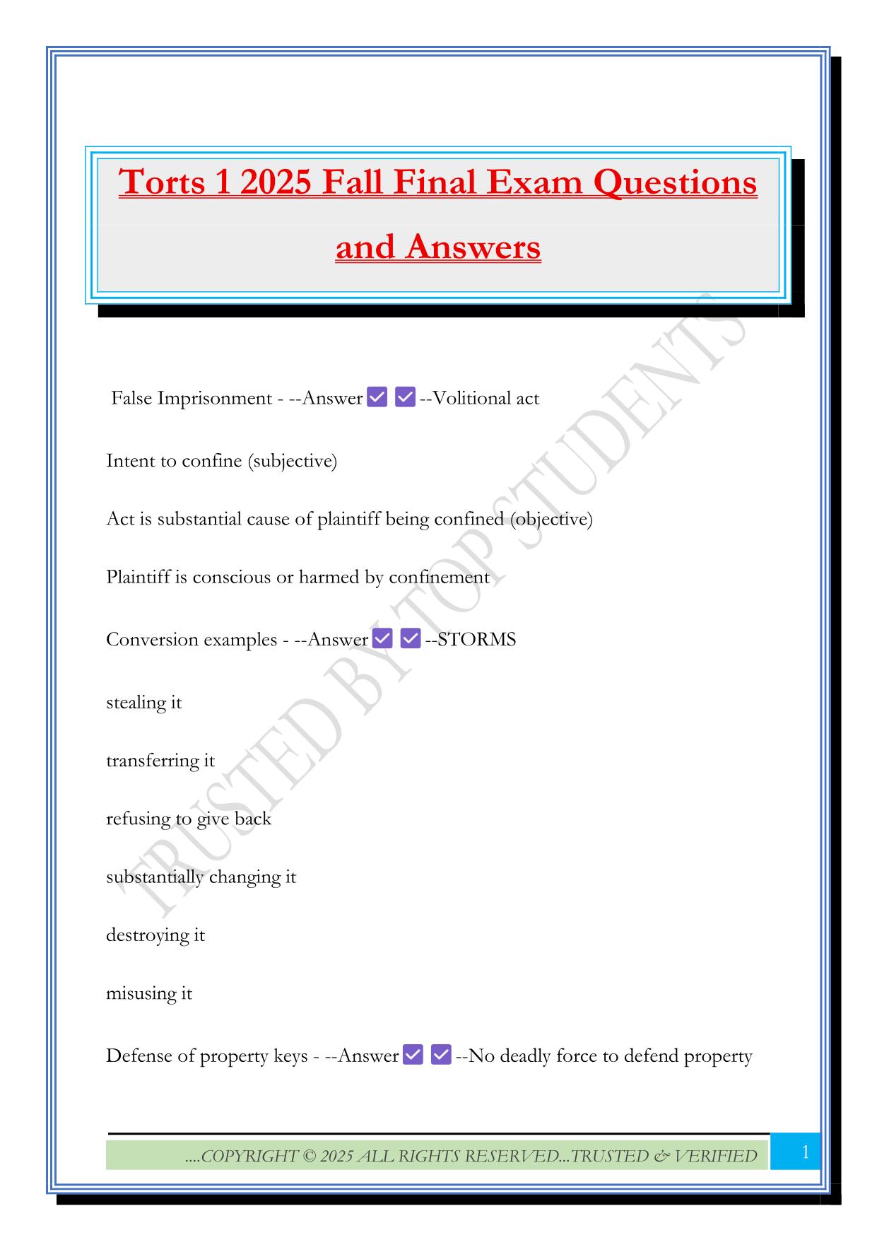 Torts 1 2025 Fall Final Exam Questions and Answers