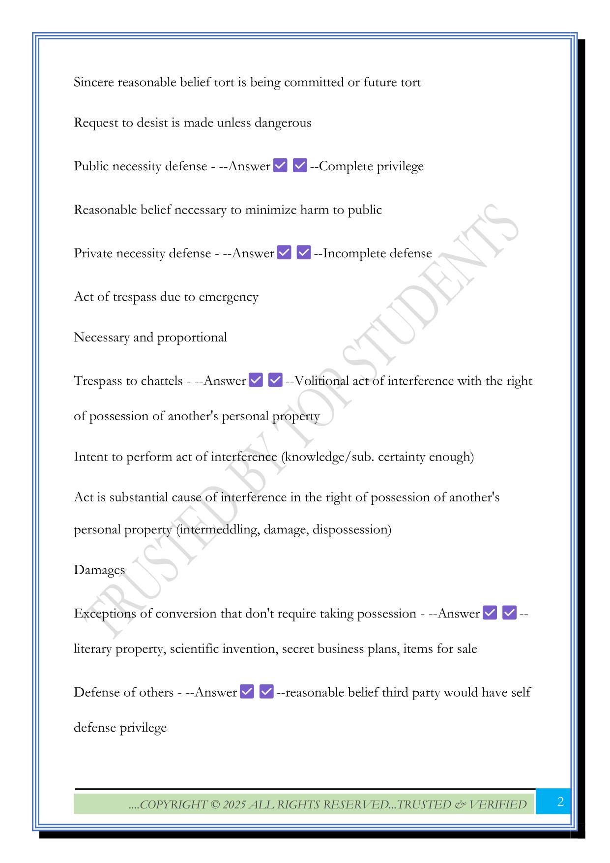 Torts 1 2025 Fall Final Exam Questions and Answers
