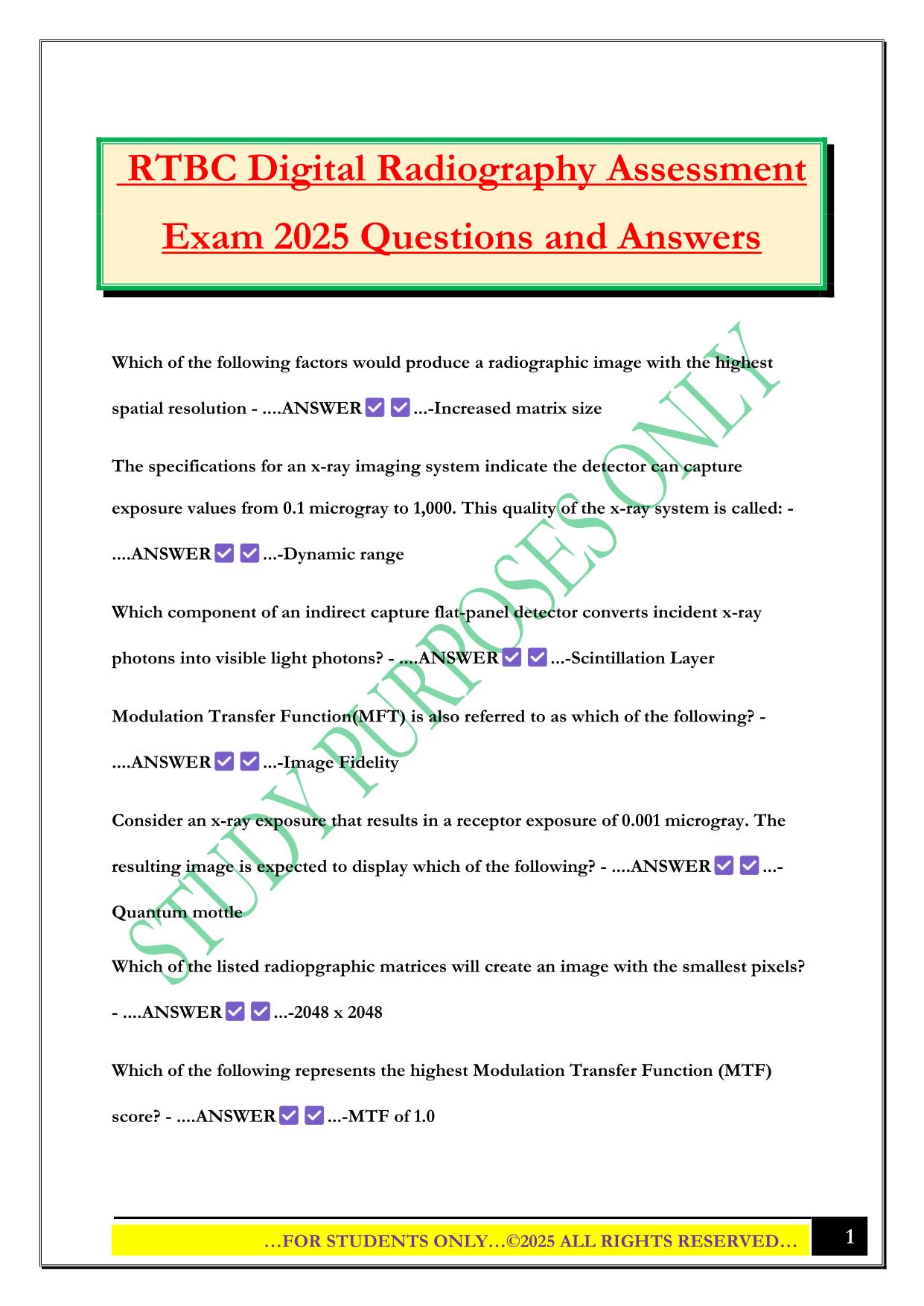 RTBC Digital Radiography Assessment Exam 2025 Questions and Answers