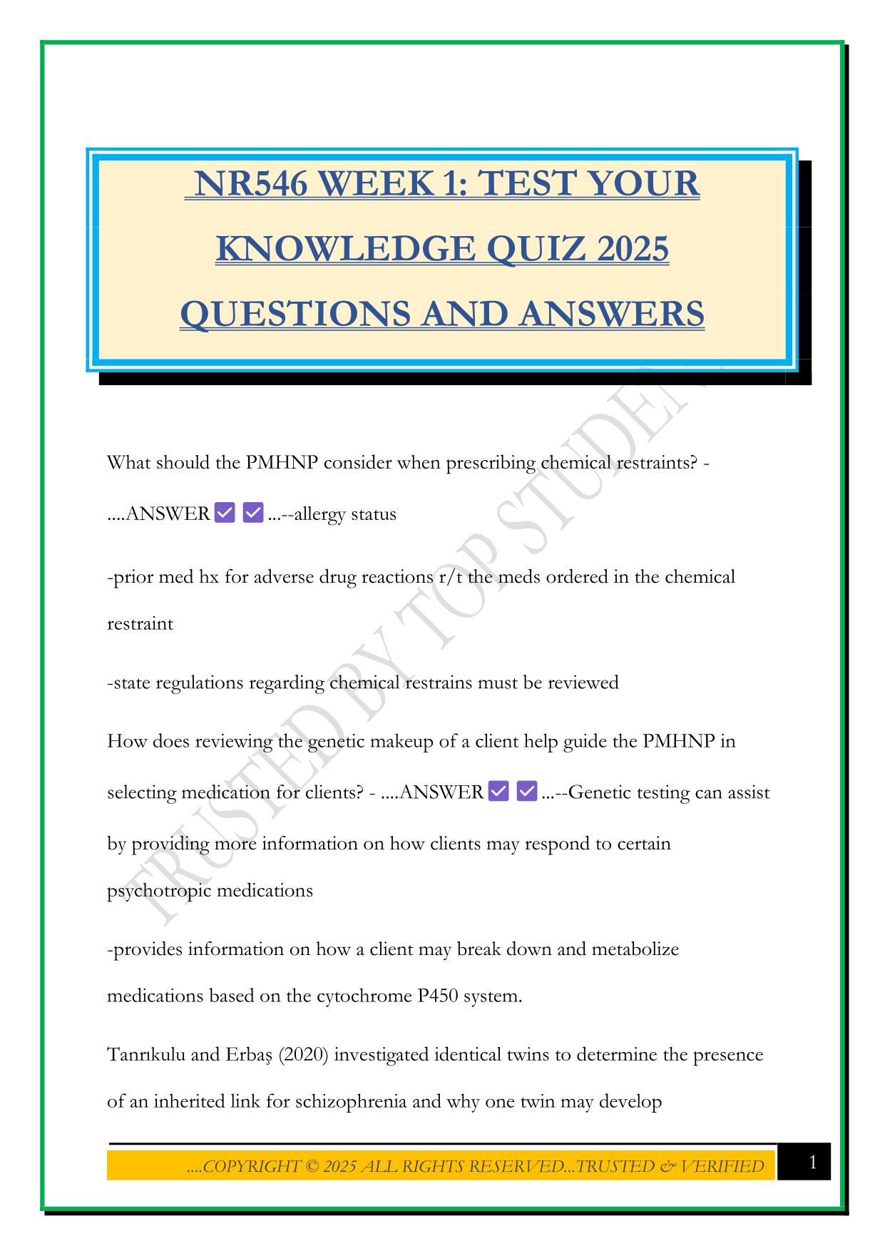 NR546 WEEK 1: TEST YOUR KNOWLEDGE QUIZ 2025 QUESTIONS AND ANSWERS