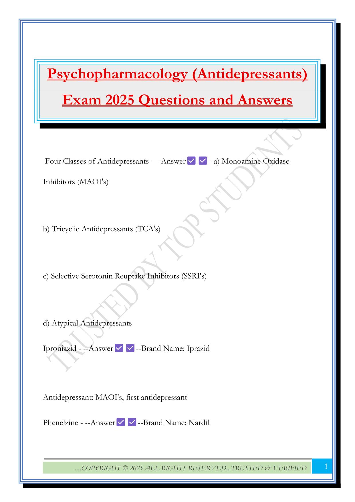 Psychopharmacology (Antidepressants) Exam 2025 Questions and Answers