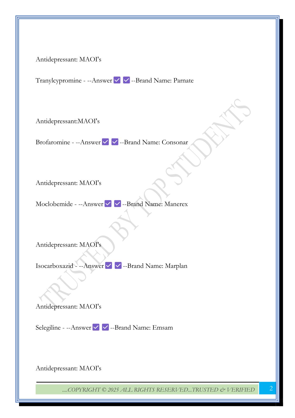 Psychopharmacology (Antidepressants) Exam 2025 Questions and Answers