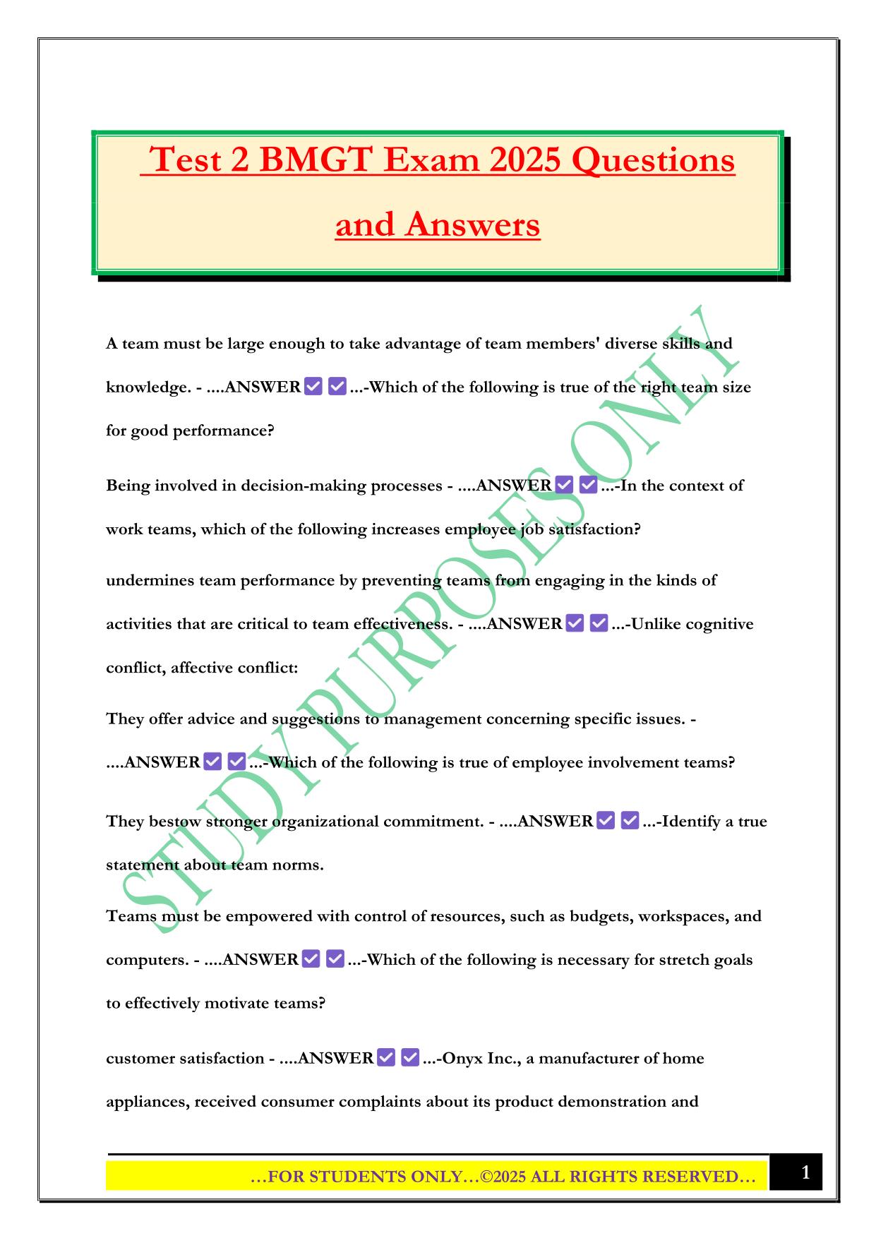 Test 2 BMGT Exam 2025 Questions and Answers