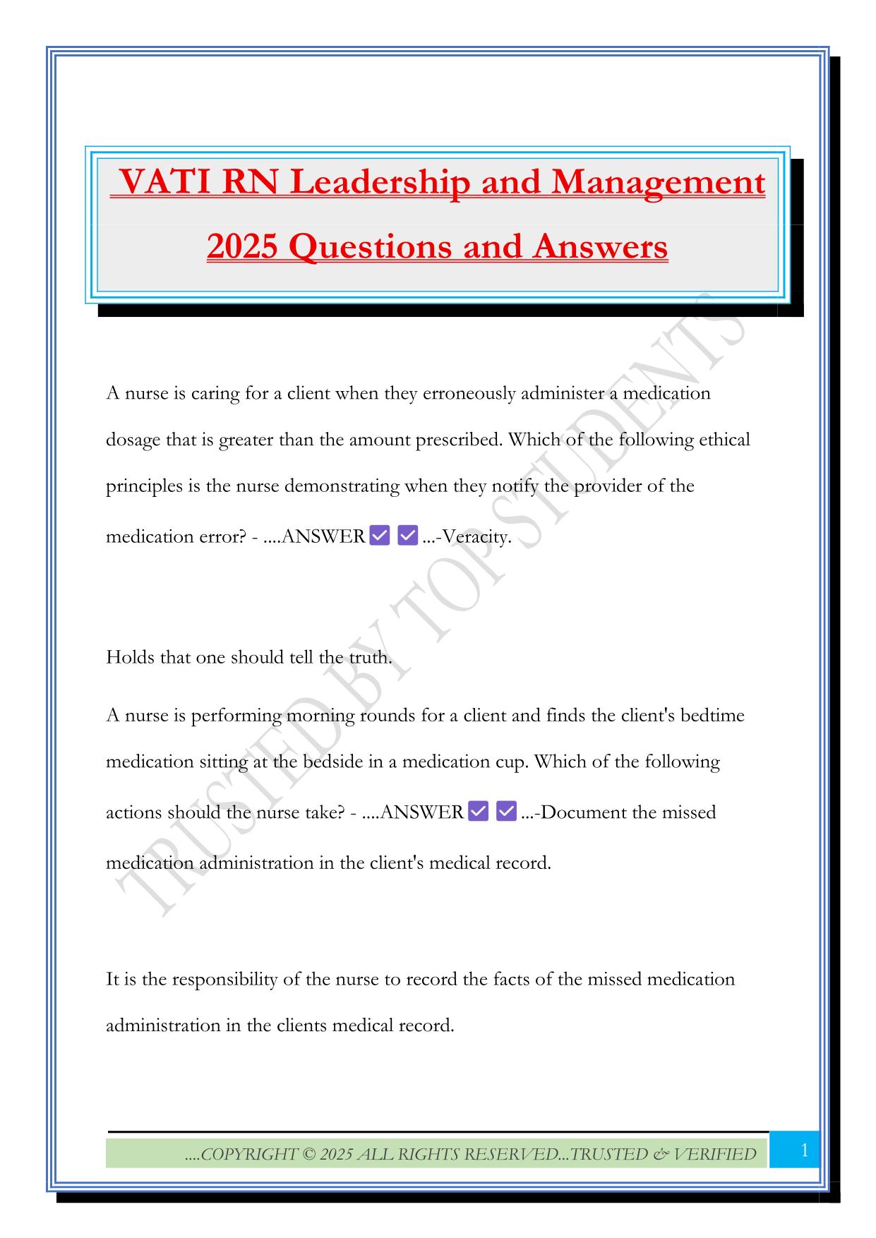 VATI RN Leadership and Management 2025 Questions and Answers