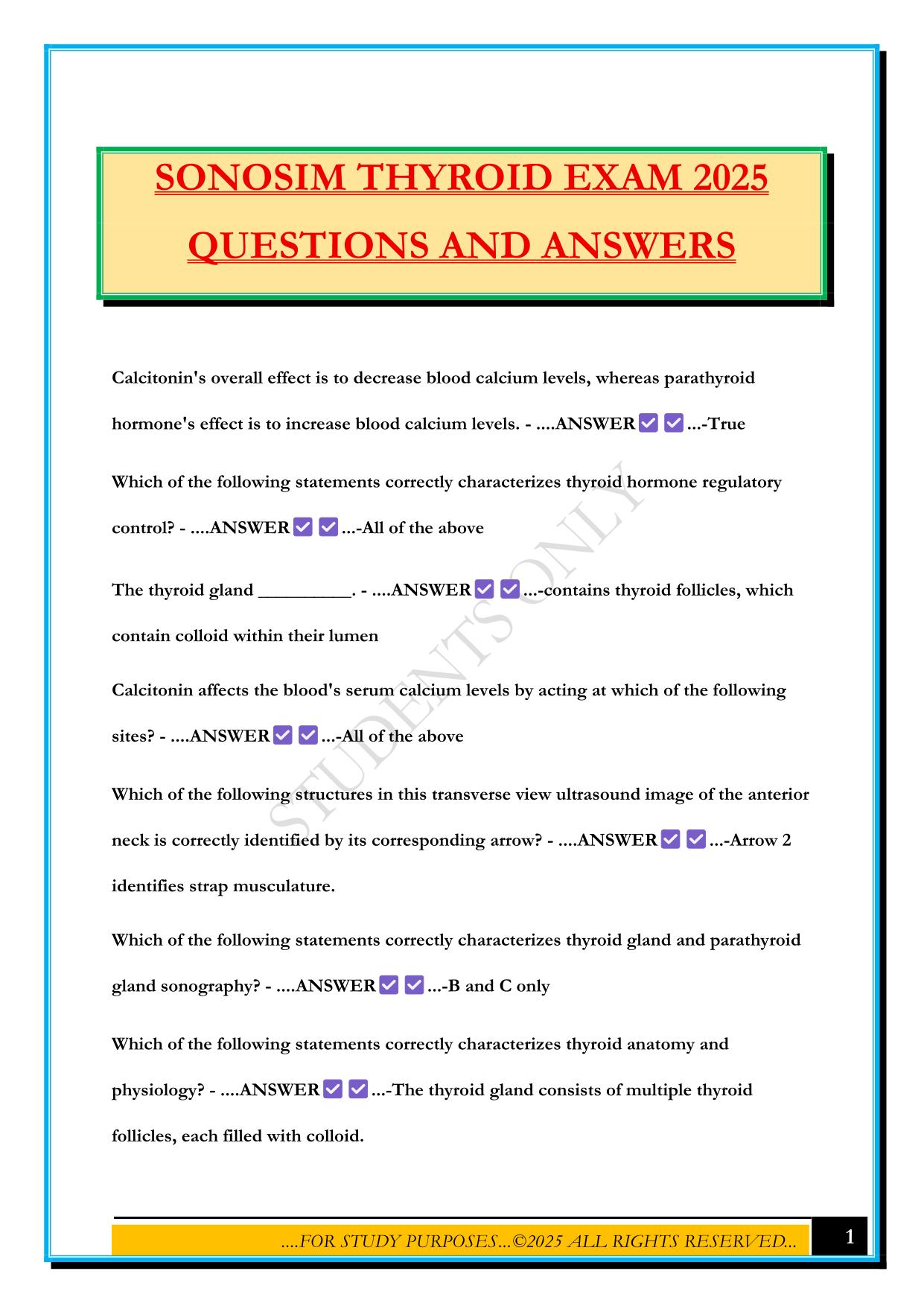 SONOSIM THYROID EXAM 2025 QUESTIONS AND ANSWERS