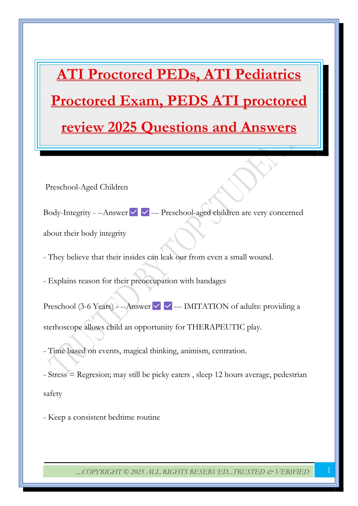 ATI Proctored PEDs, ATI Pediatrics Proctored Exam, PEDS ATI proctored review 2025 Questions and Answers