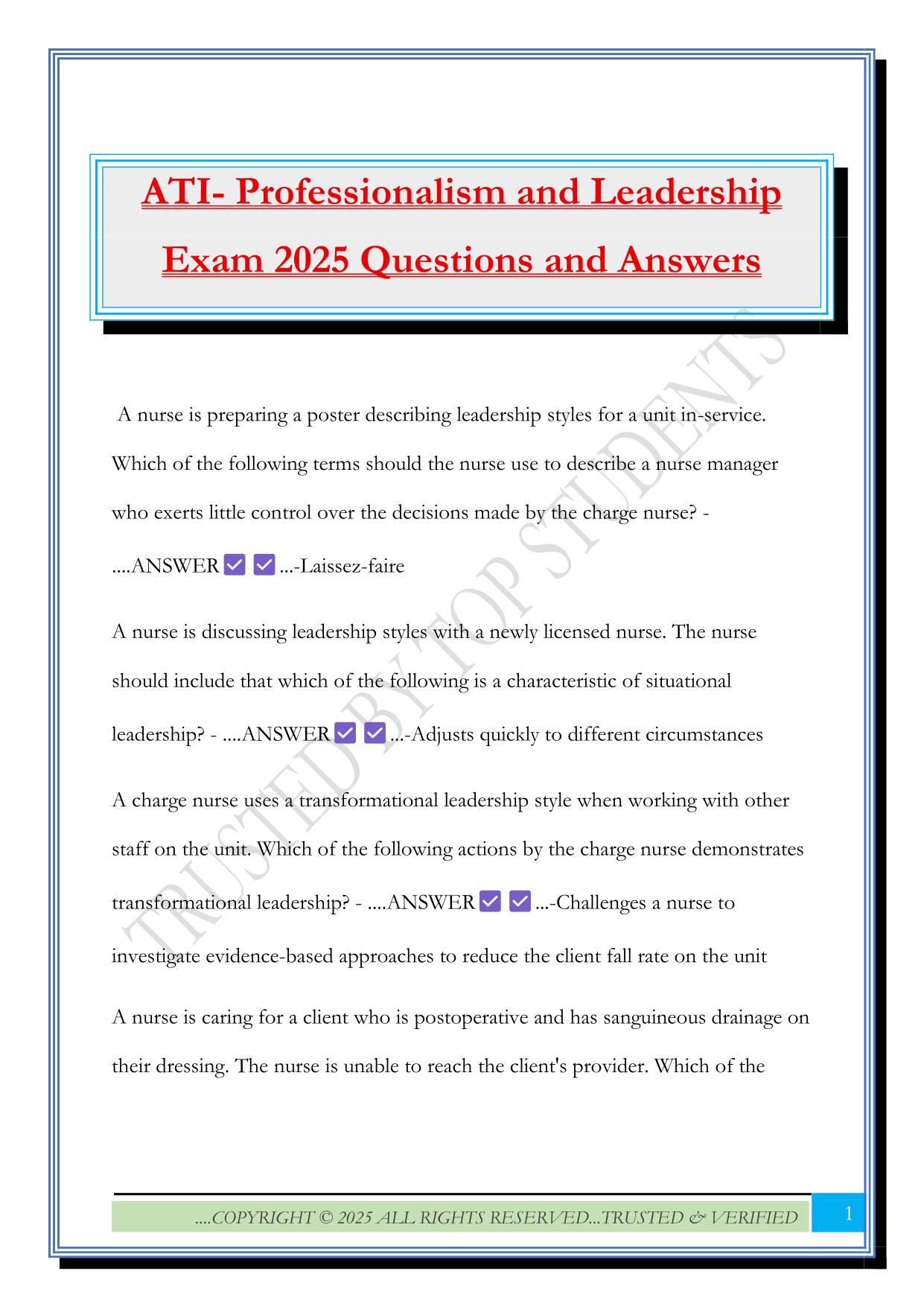 ATI- Professionalism and Leadership Exam 2025 Questions and Answers