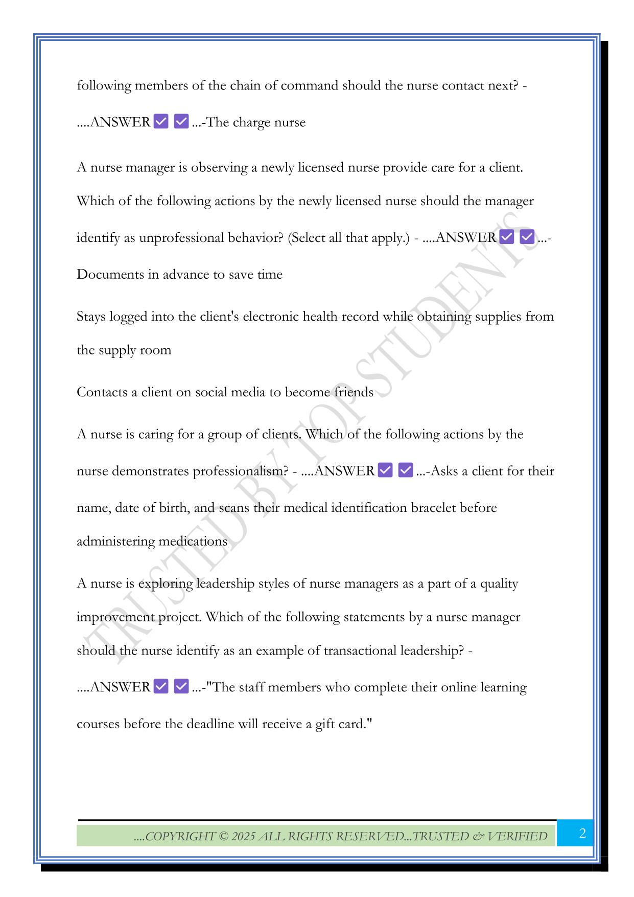 ATI- Professionalism and Leadership Exam 2025 Questions and Answers