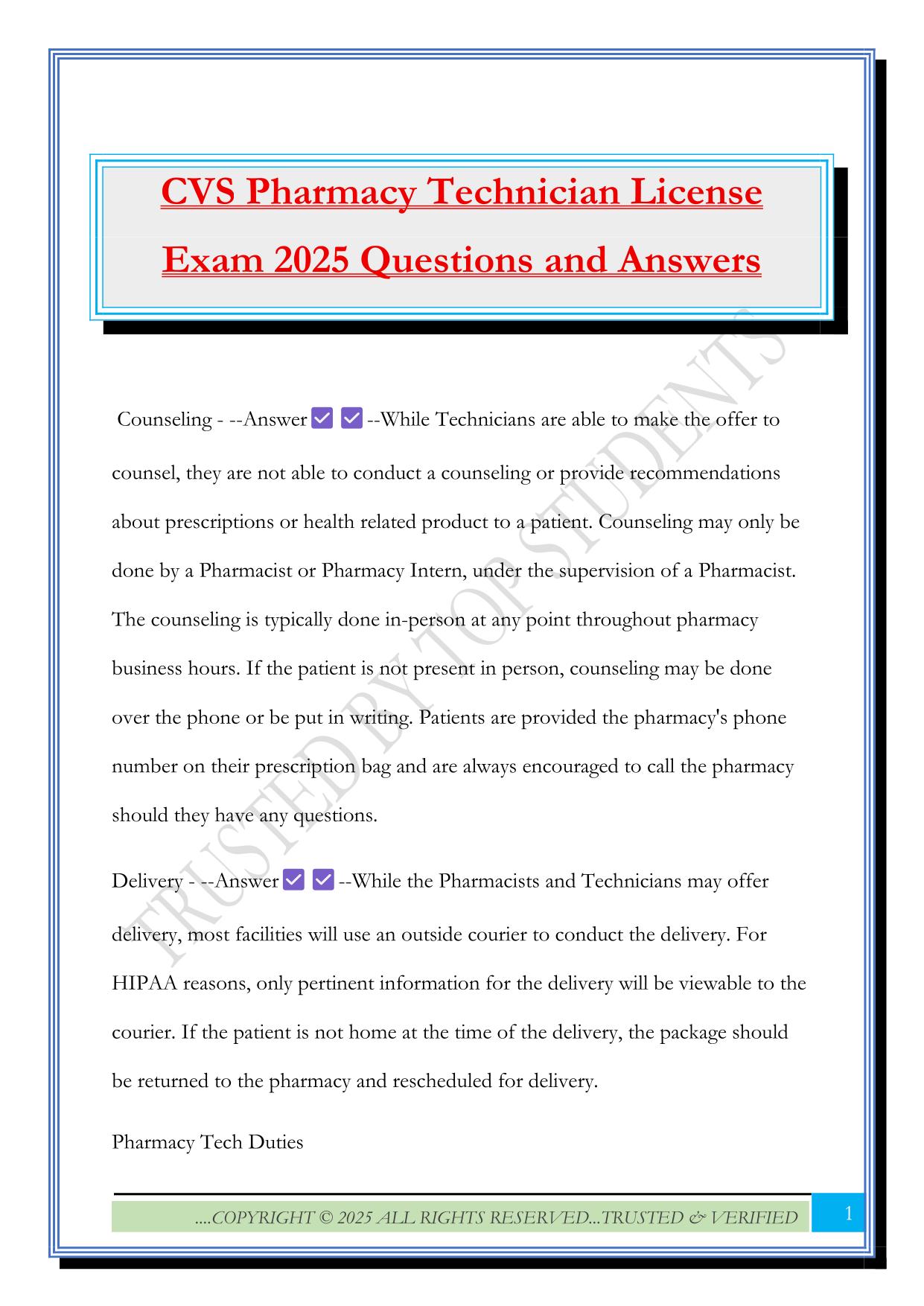 CVS Pharmacy Technician License Exam 2025 Questions and Answers