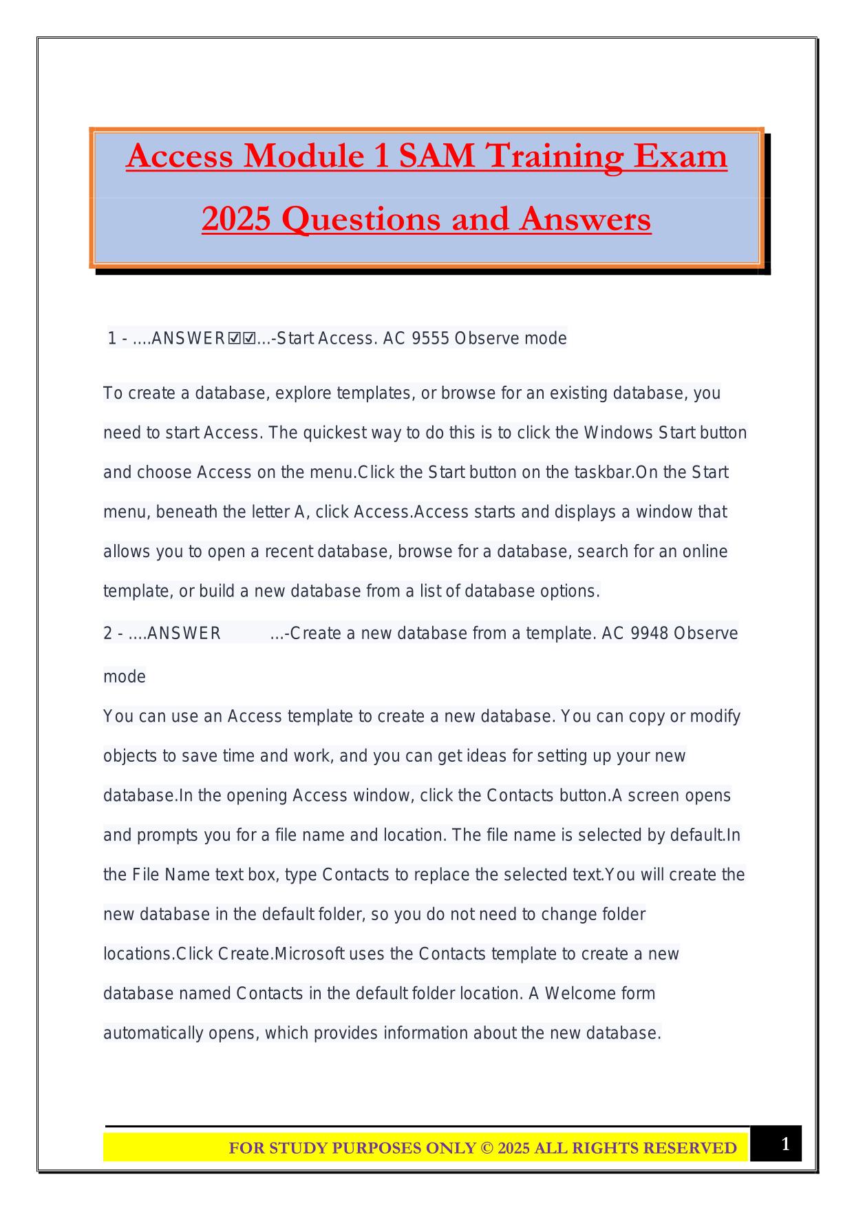 Access Module 1 SAM Training Exam 2025 Questions and Answers