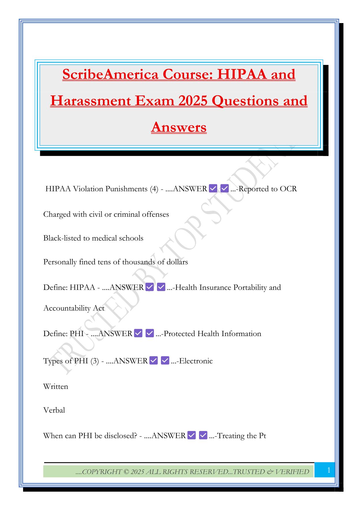 ScribeAmerica Course: HIPAA and Harassment Exam 2025 Questions and Answers