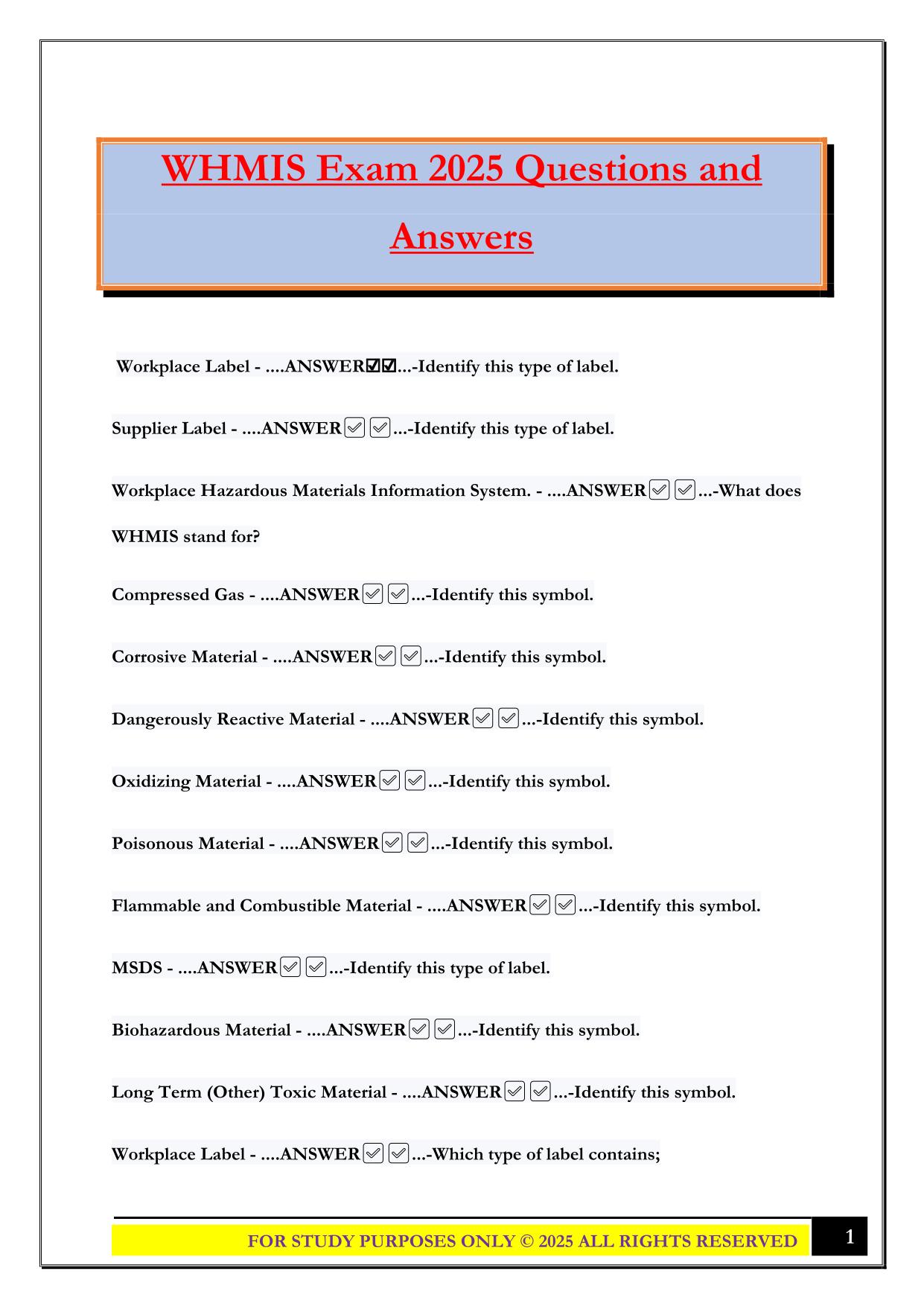 WHMIS Exam 2025 Questions and Answers