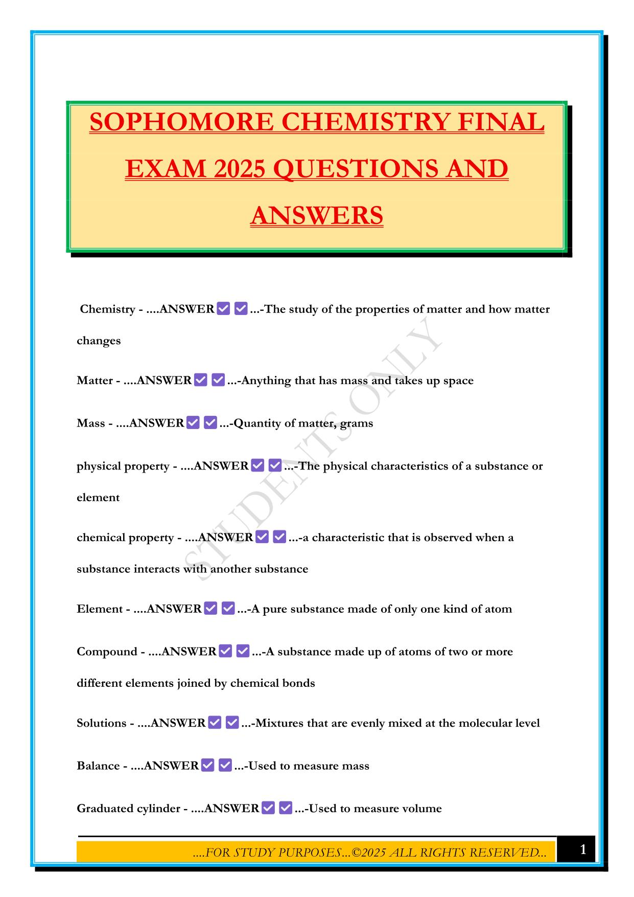 SOPHOMORE CHEMISTRY FINAL EXAM 2025 QUESTIONS AND ANSWERS