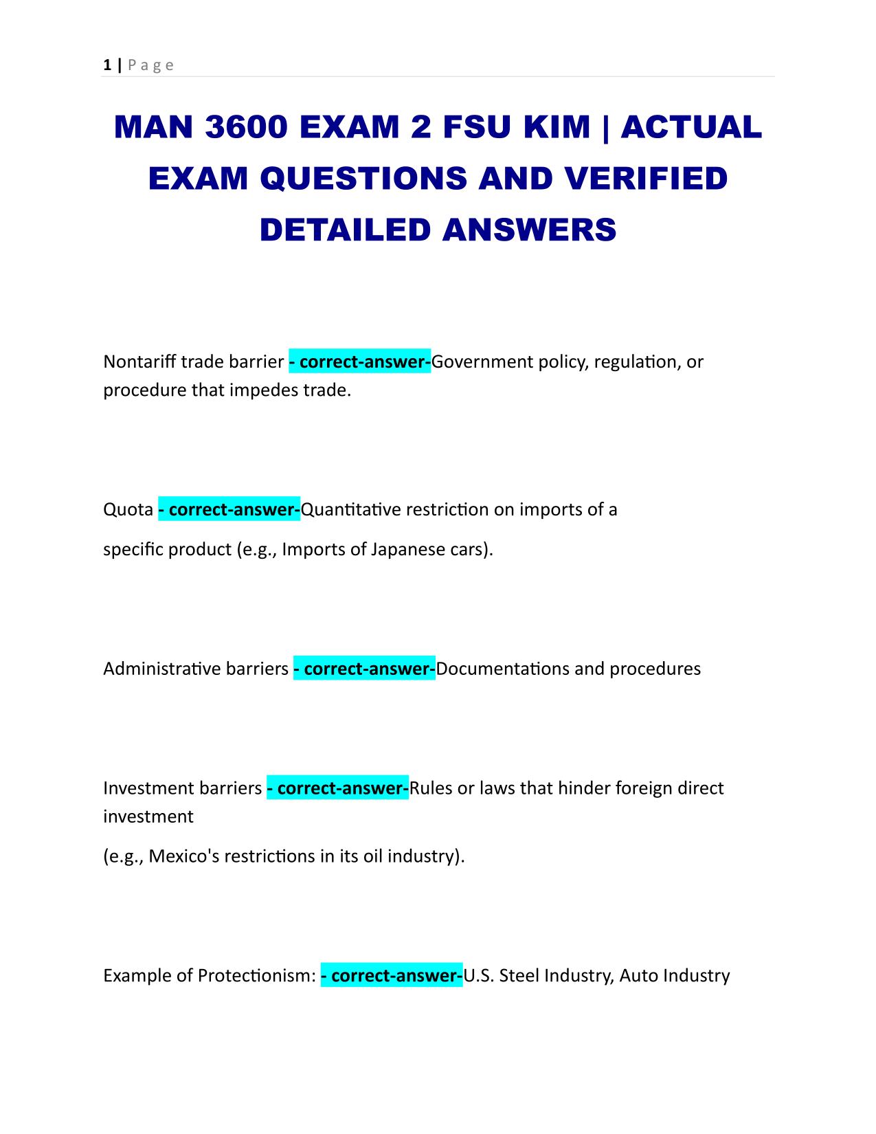 MAN 3600 EXAM 2 FSU KIM | ACTUAL EXAM QUESTIONS AND VERIFIED DETAILED ANSWERS