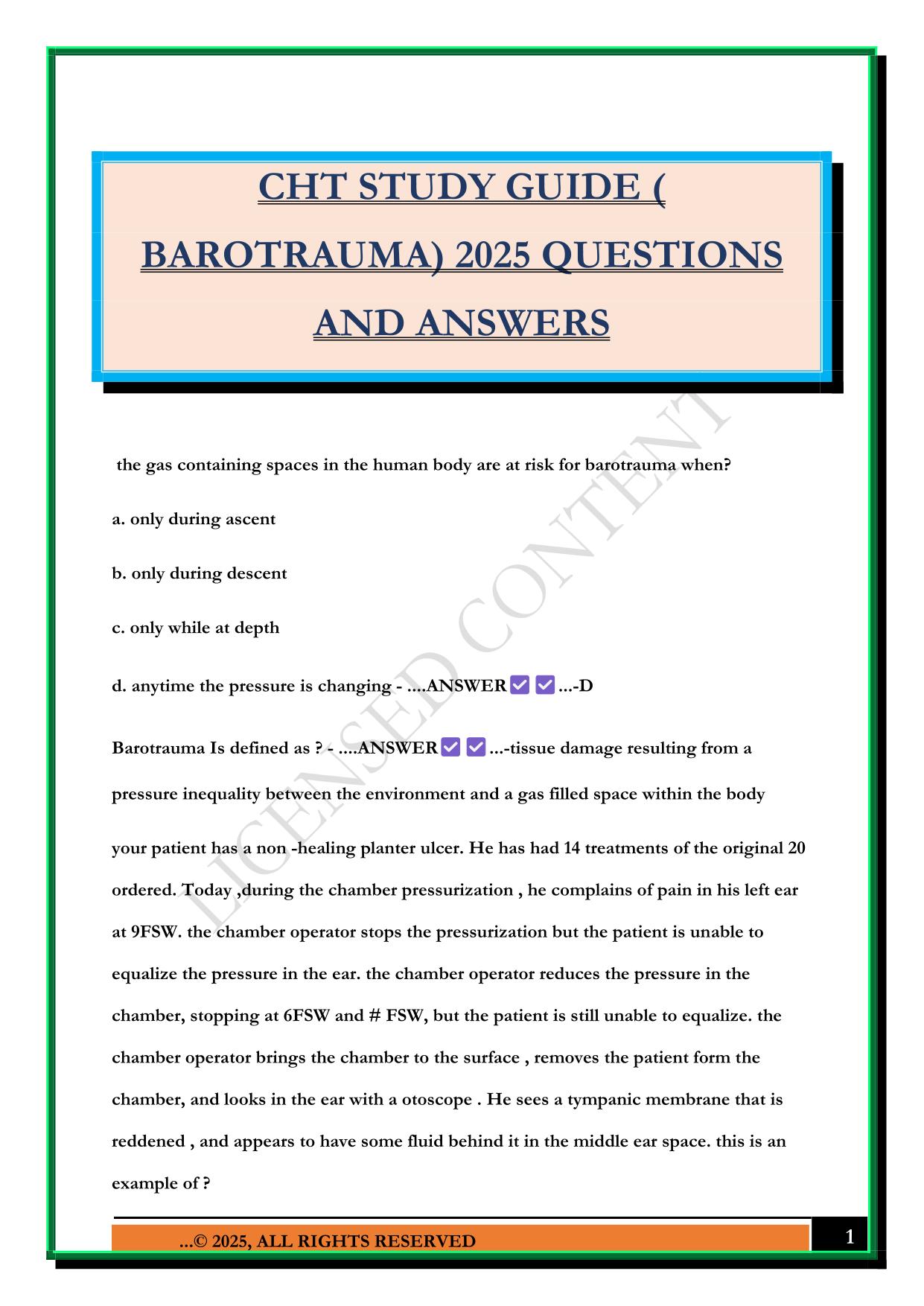 CHT STUDY GUIDE ( BAROTRAUMA) 2025 QUESTIONS AND ANSWERS