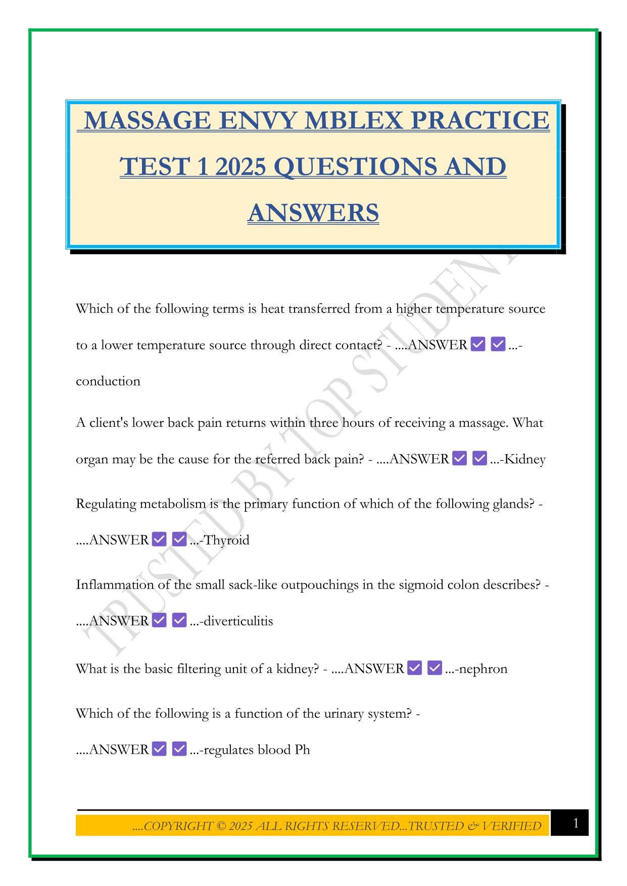 MASSAGE ENVY MBLEX PRACTICE TEST 1 2025 QUESTIONS AND ANSWERS