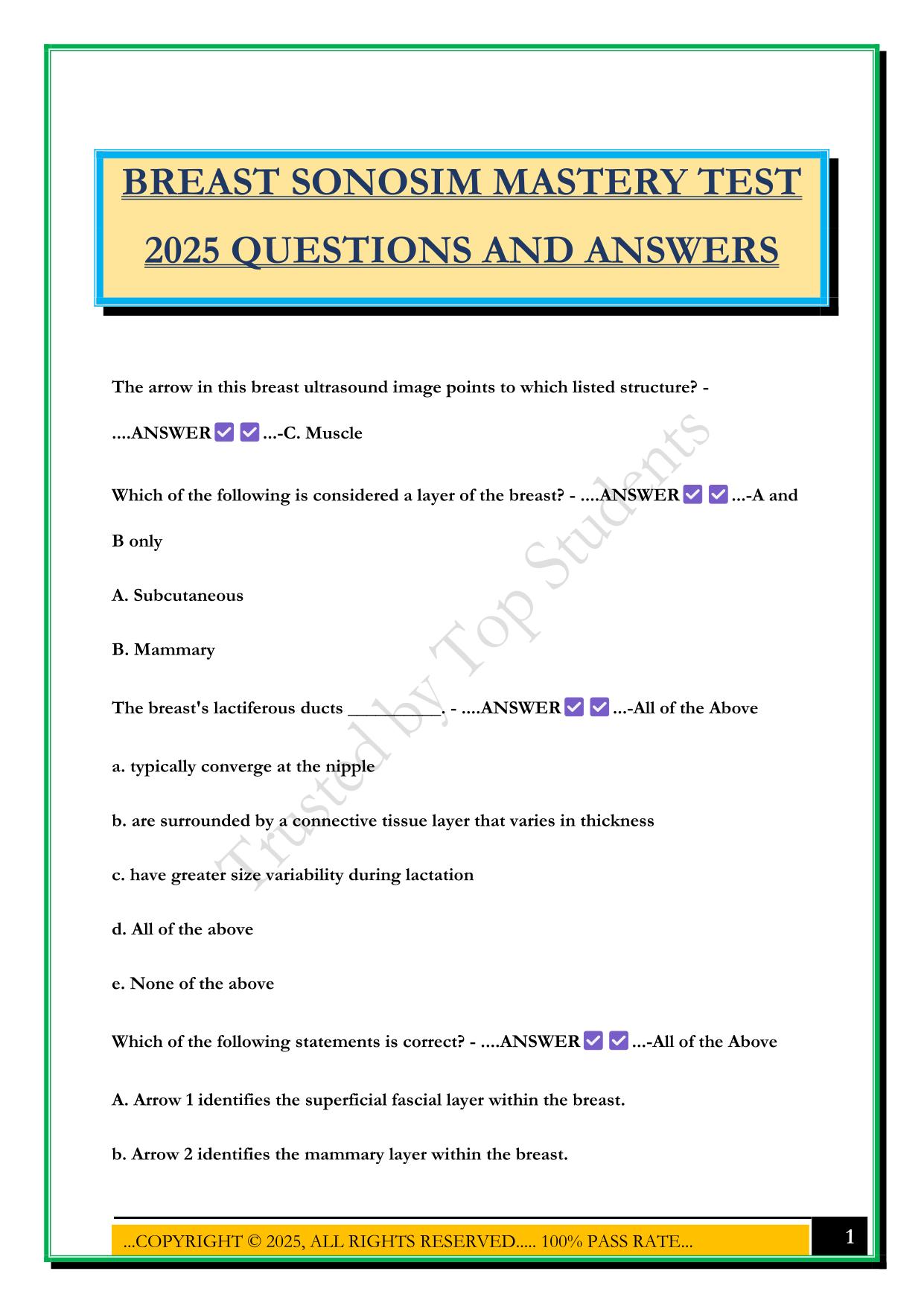 BREAST SONOSIM MASTERY TEST 2025 QUESTIONS AND ANSWERS