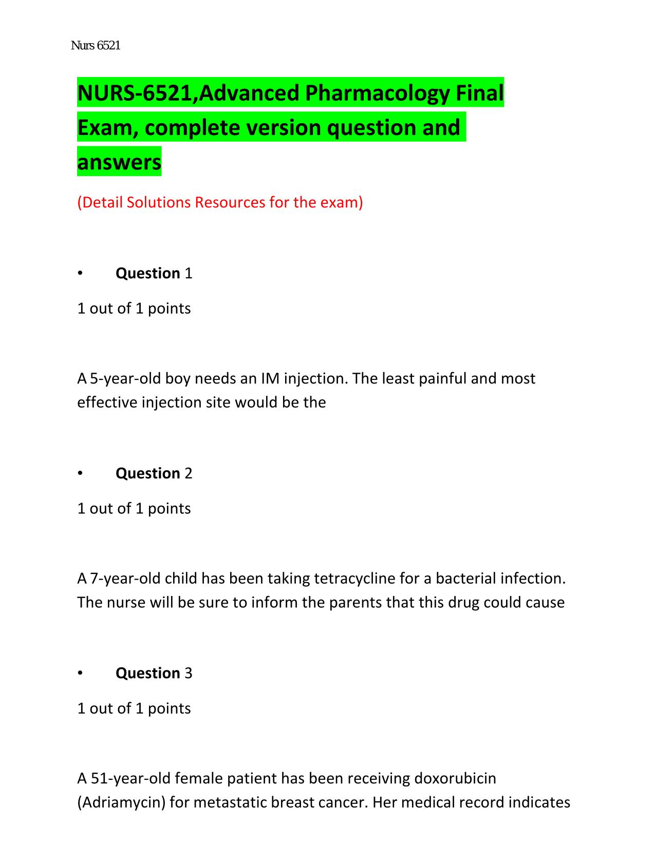 NURS-6521,Advanced Pharmacology Final Exam, complete version question and answers