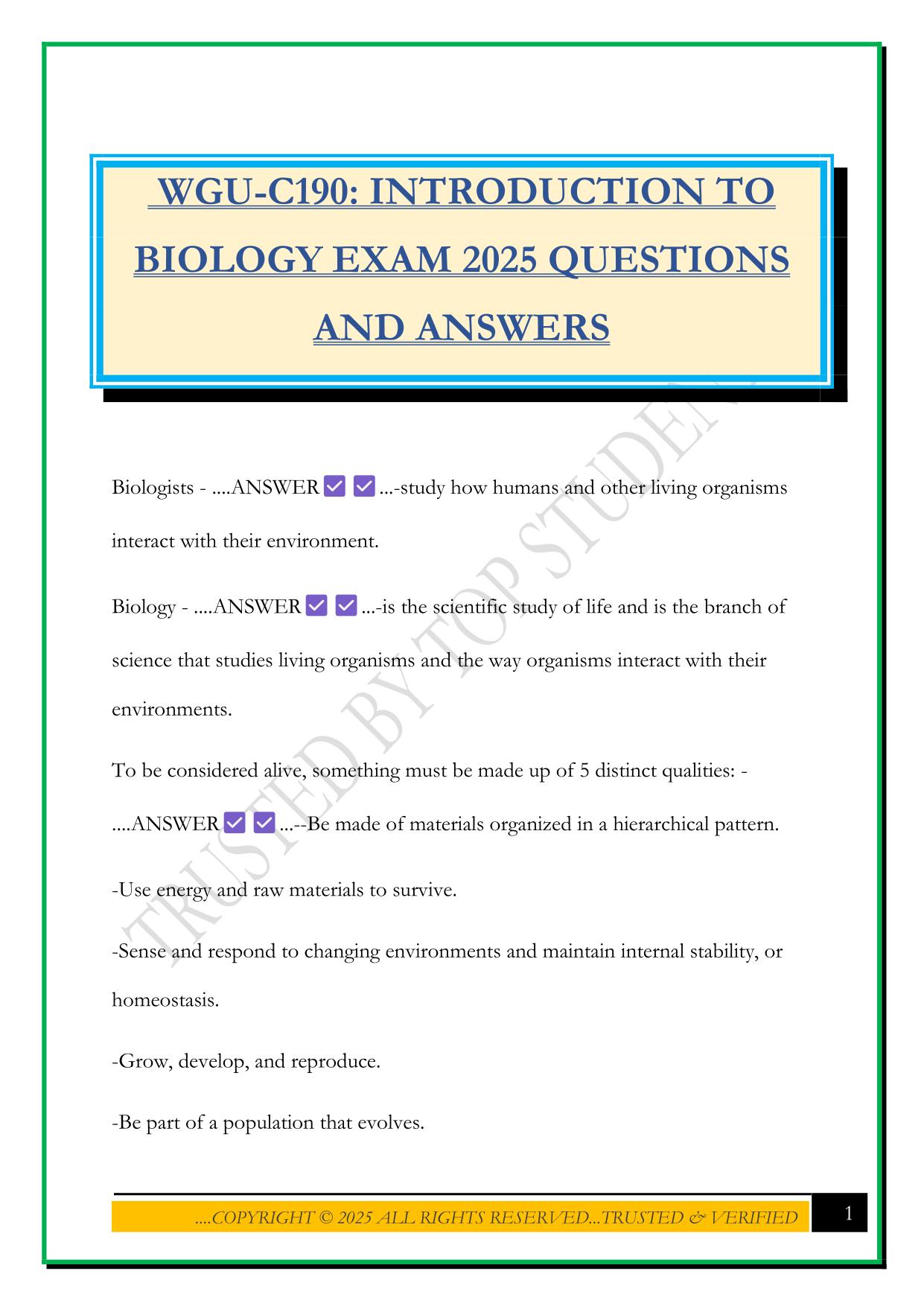 WGU-C190: INTRODUCTION TO BIOLOGY EXAM 2025 QUESTIONS AND ANSWERS