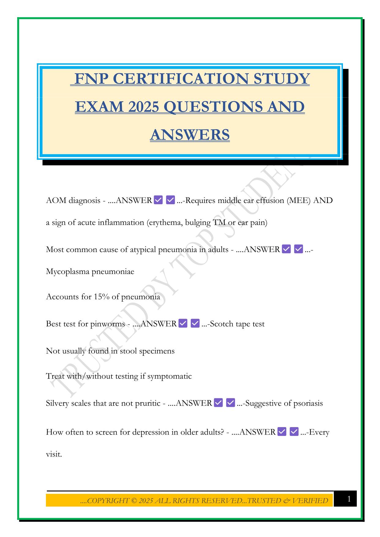 FNP CERTIFICATION STUDY EXAM 2025 QUESTIONS AND ANSWERS