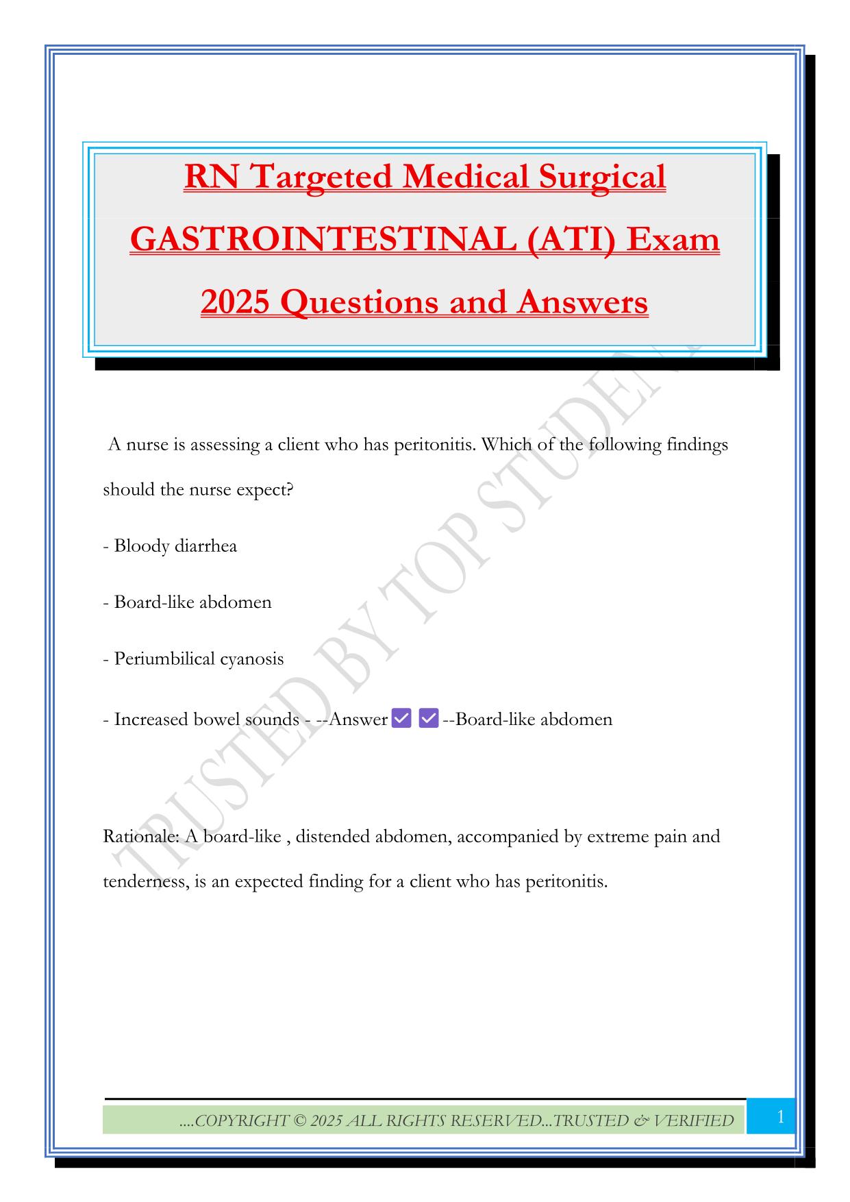 RN Targeted Medical Surgical GASTROINTESTINAL (ATI) Exam 2025 Questions and Answers