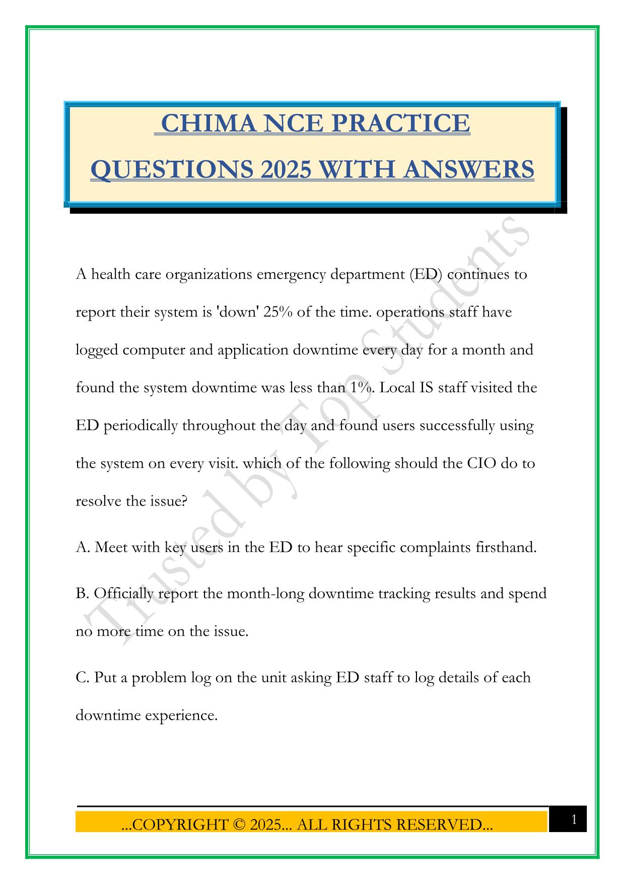CHIMA NCE PRACTICE QUESTIONS 2025 WITH ANSWERS
