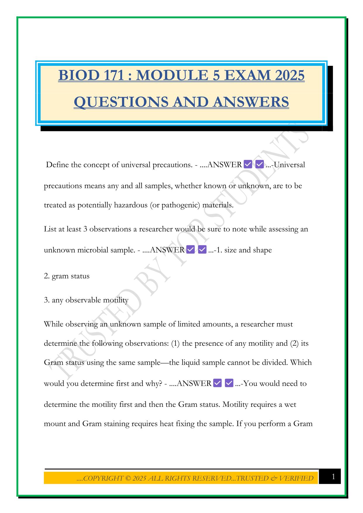 BIOD 171 : MODULE 5 EXAM 2025 QUESTIONS AND ANSWERS