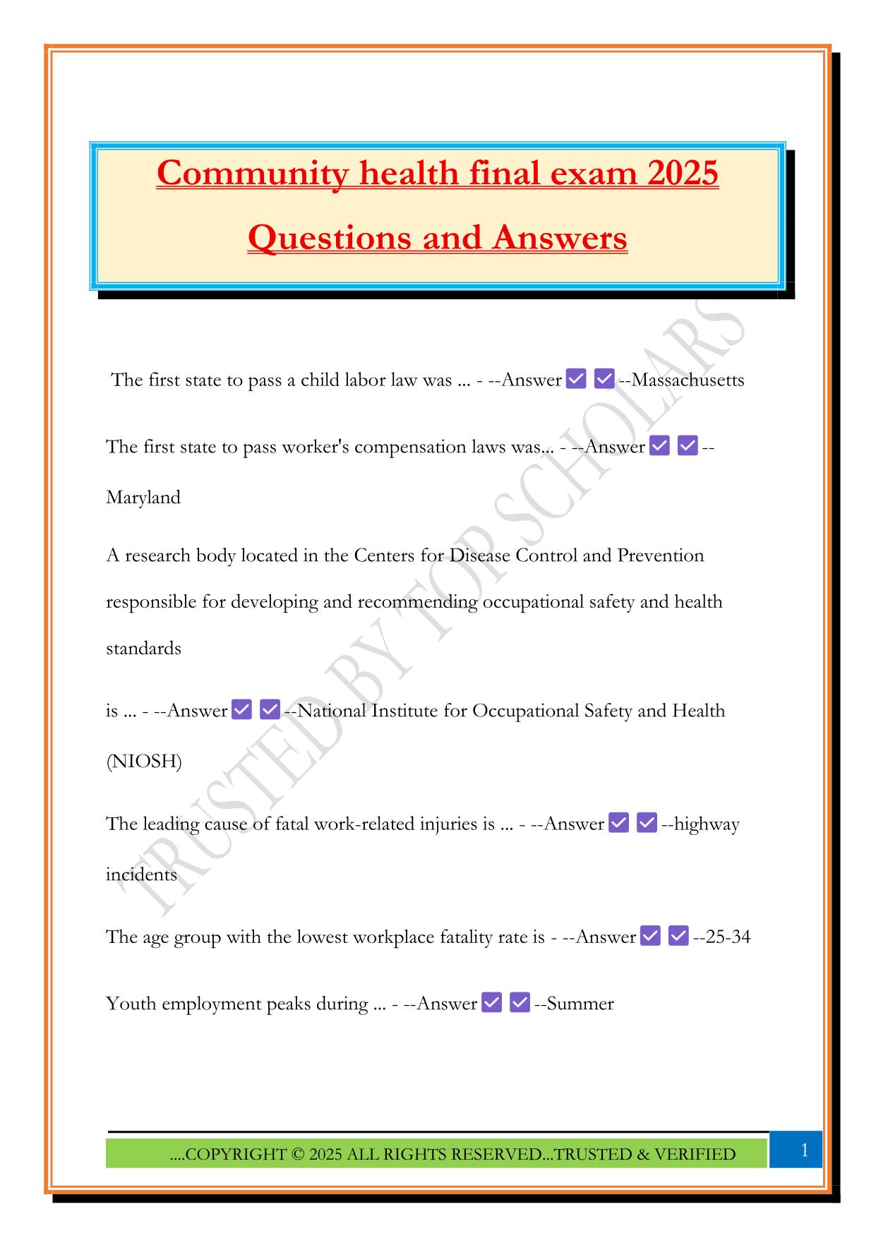 Community health final exam 2025 Questions and Answers
