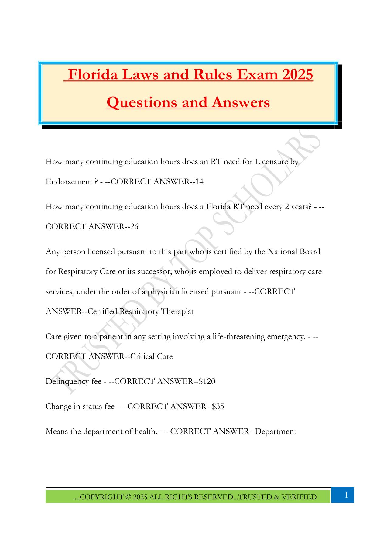 Florida Laws and Rules Fall 2025 Bundled Exams Questions and Answers |100% Pass Updated & Verified