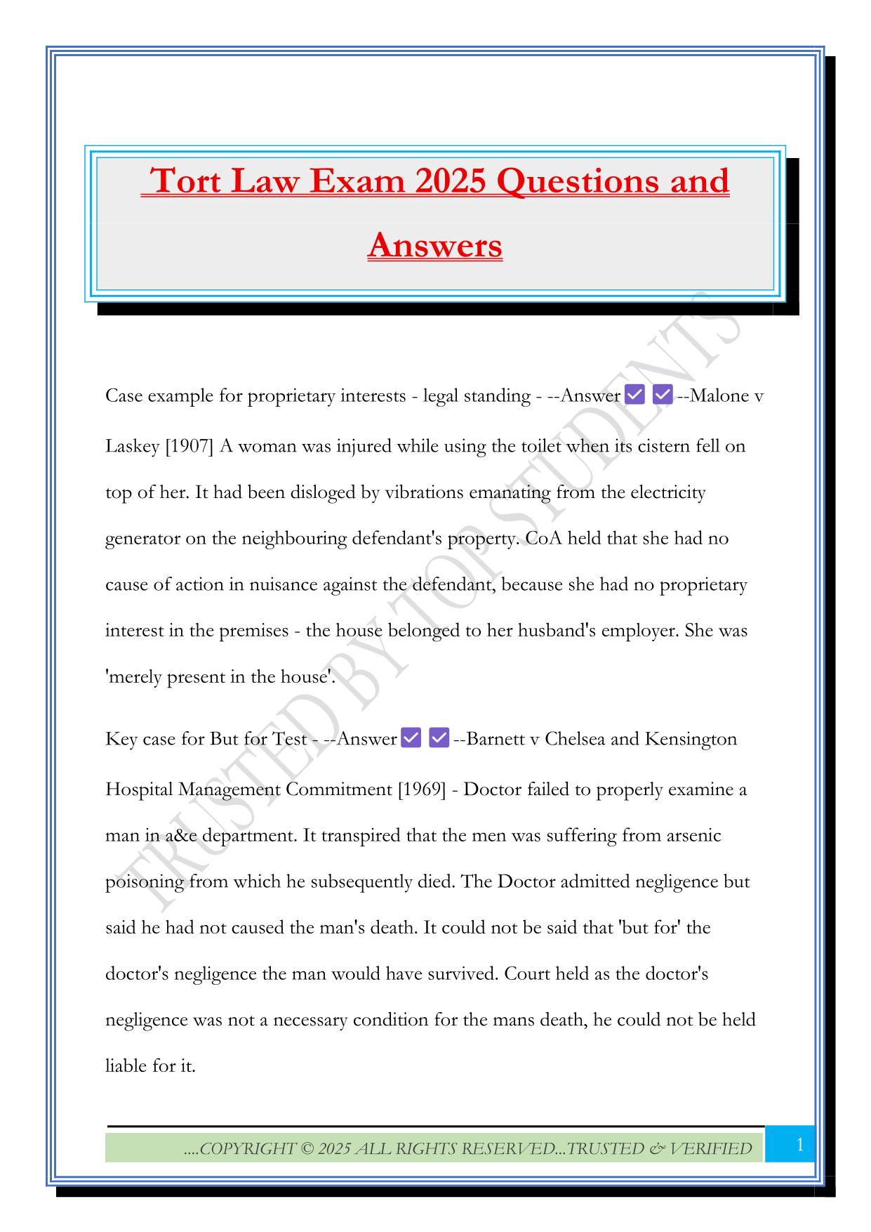 Tort Law Exam 2025 Questions and Answers